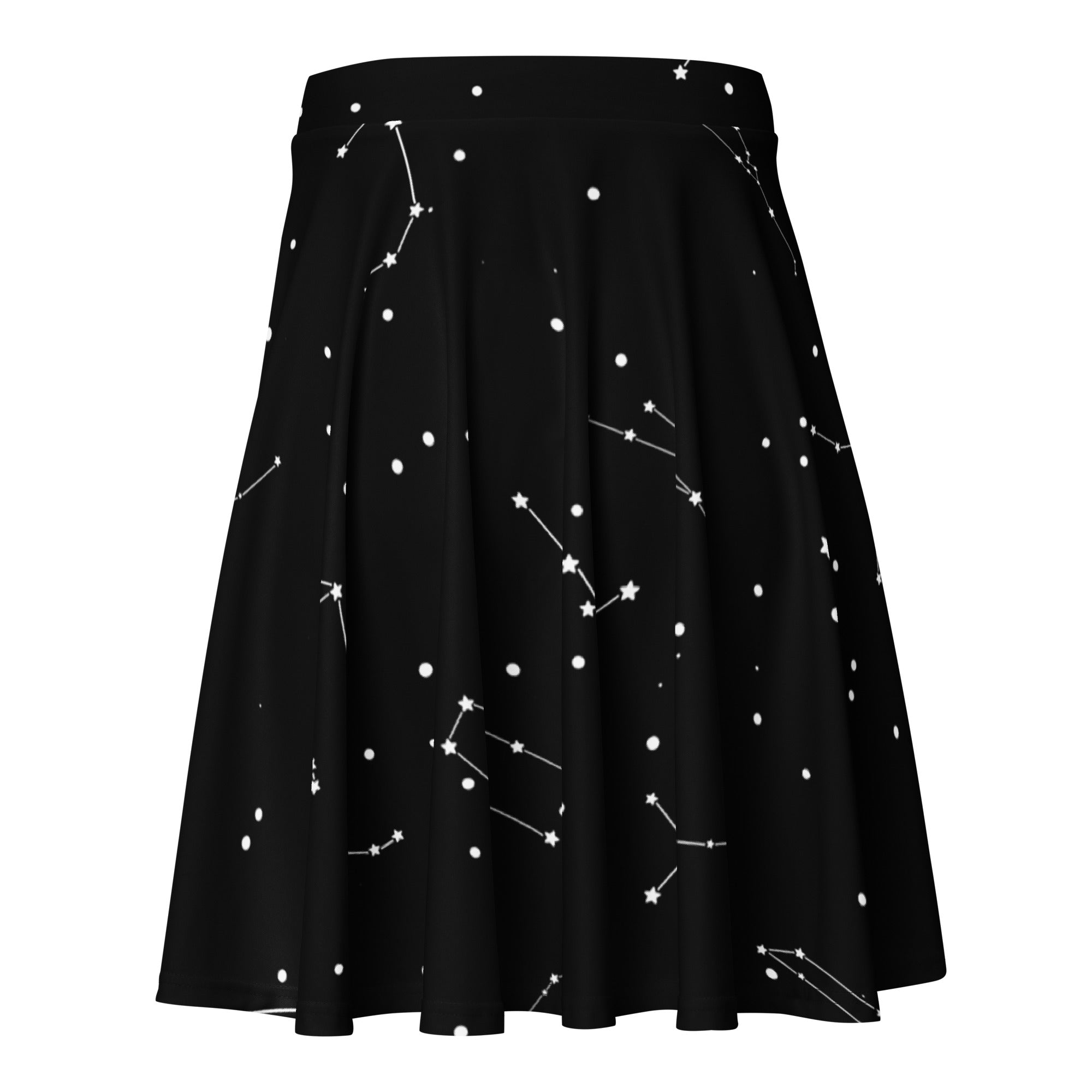 Black pleated women’s skater skirt with white constellation print made from recycled fabric featuring UPF 50 plus protection