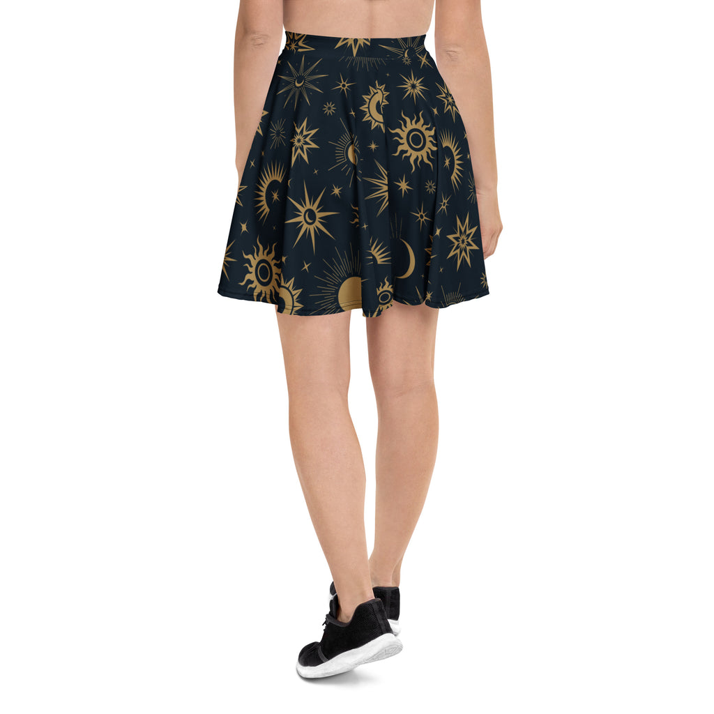 Women’s celestial sun and moon skater skirt navy blue pleated with golden celestial pattern upf 50 plus recycled fabric