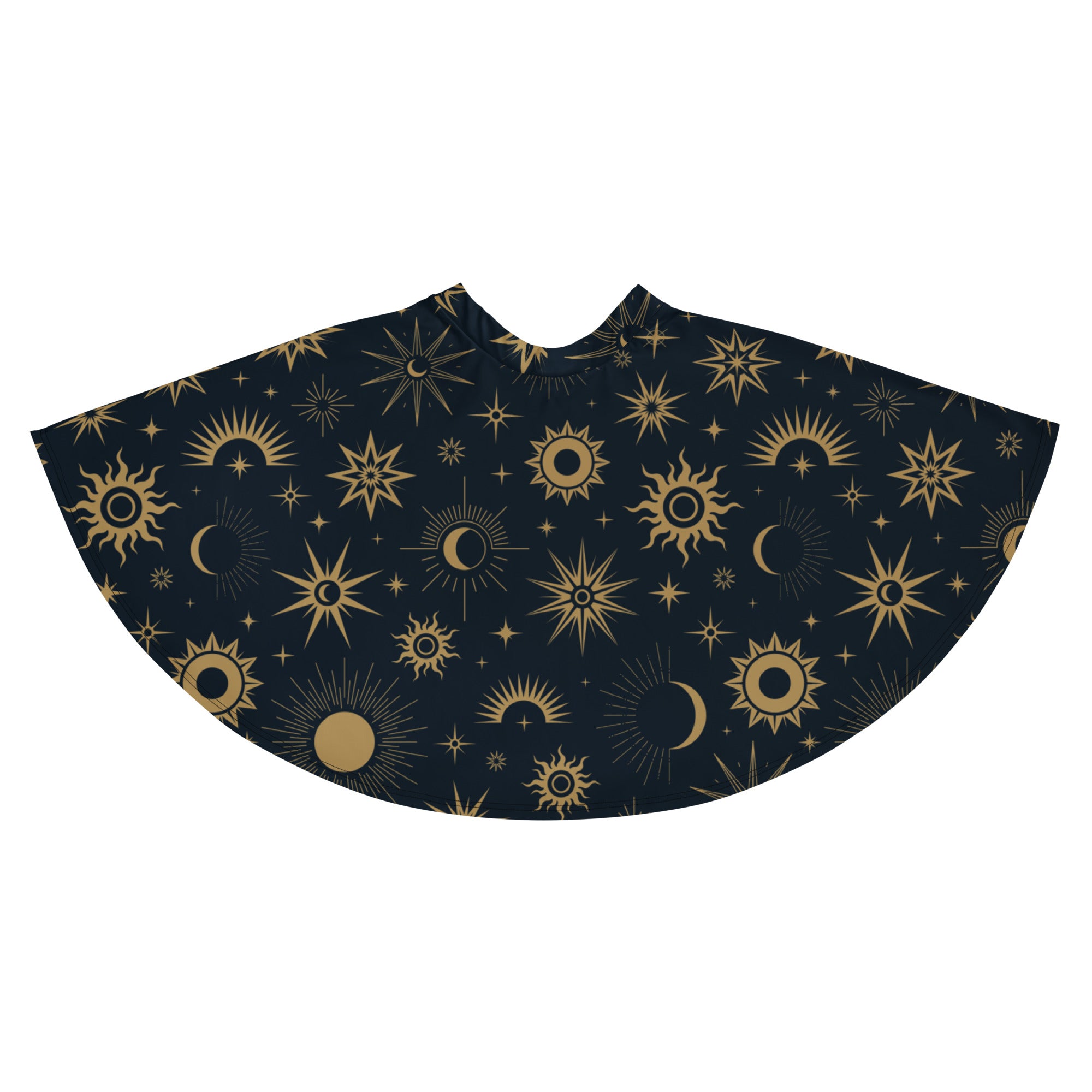 A dark navy celestial sun and moon skater skirt with golden pattern flowy high waisted UPF 50 plus recycled fabric