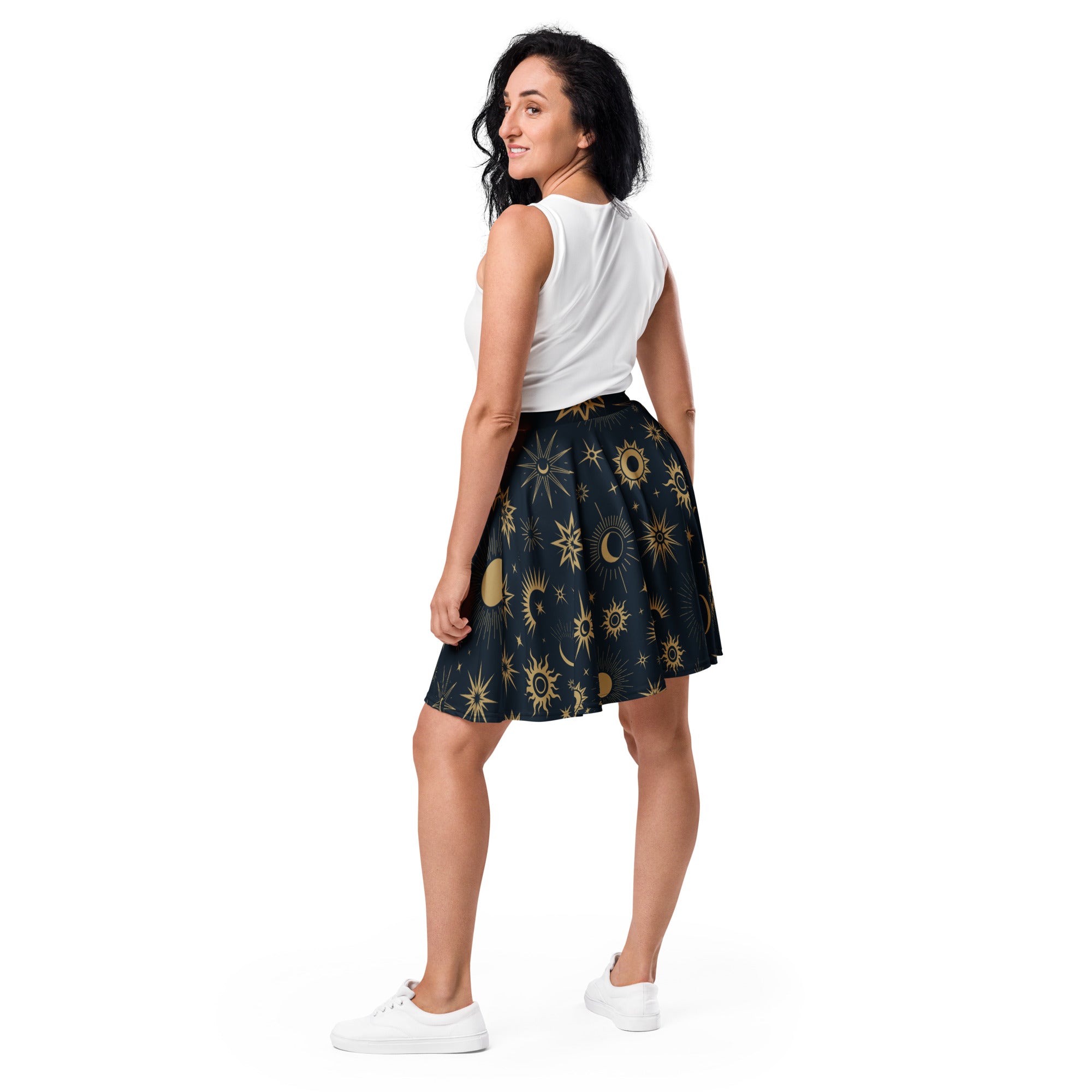 Women’s dark navy celestial sun and moon skater skirt with pleats flowy high waisted upf 50 plus recycled fabric
