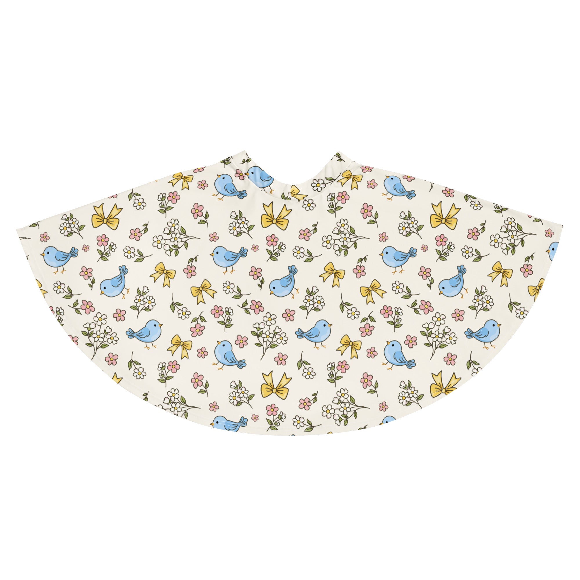 A charming off-white fabric cape with blue birds yellow bows and pink white flowers paired with a blue bird skater skirt