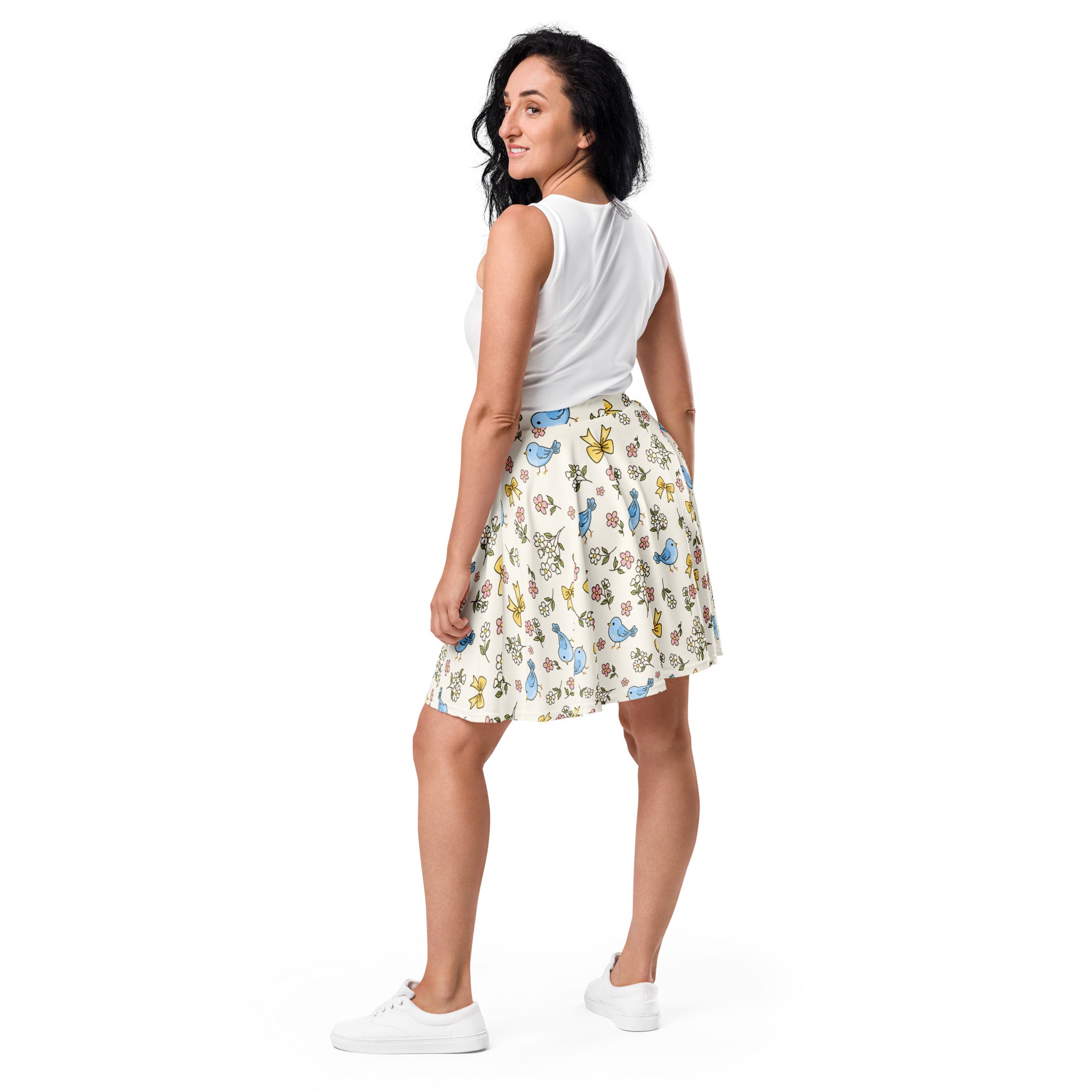 Women’s cream flared skirt with blue birds yellow butterflies floral motifs high waisted upf 50 recycled fabric