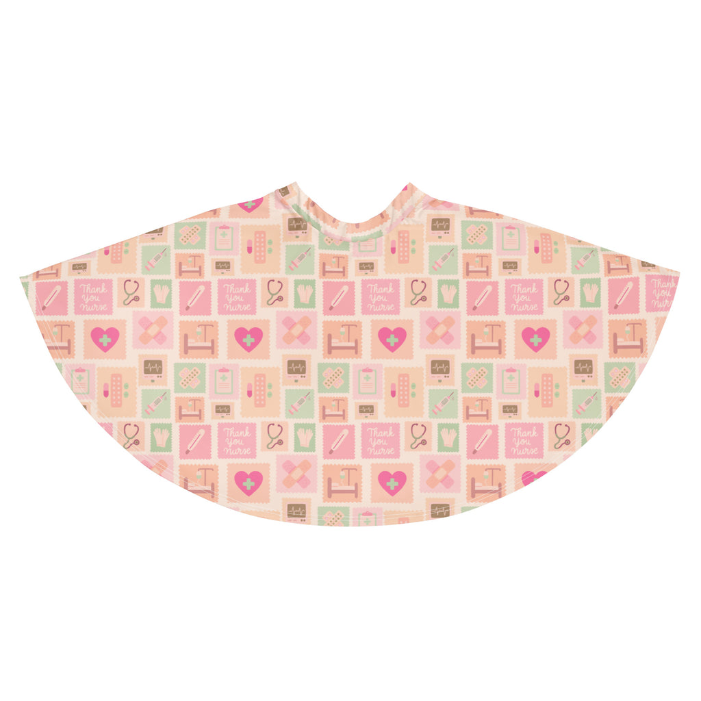 Women’s pink nurse icon skater skirt with soft pink and mint green medical pattern flowy high waisted recycled fabric