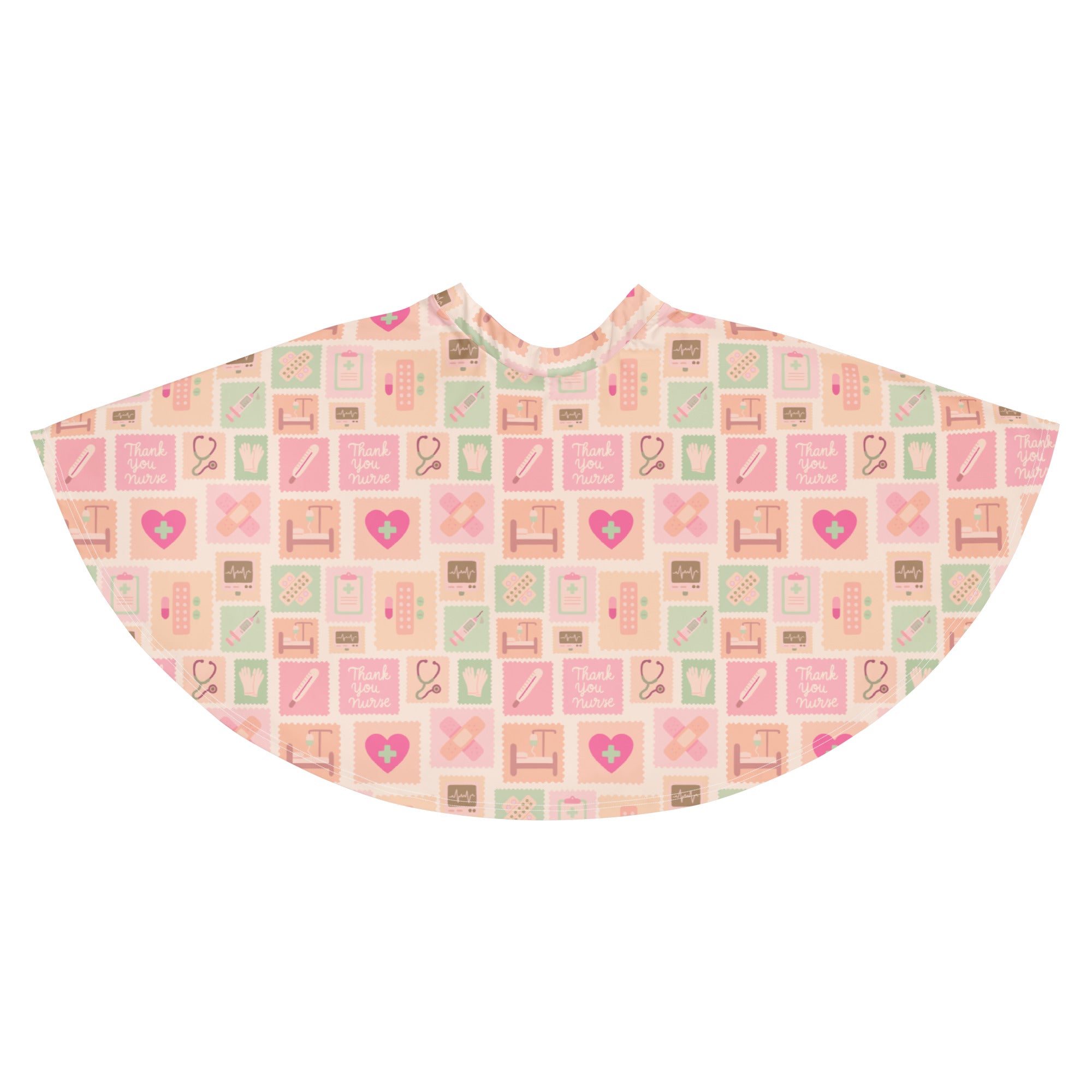 Women’s pink nurse icon skater skirt with soft pink and mint green medical pattern flowy high waisted recycled fabric