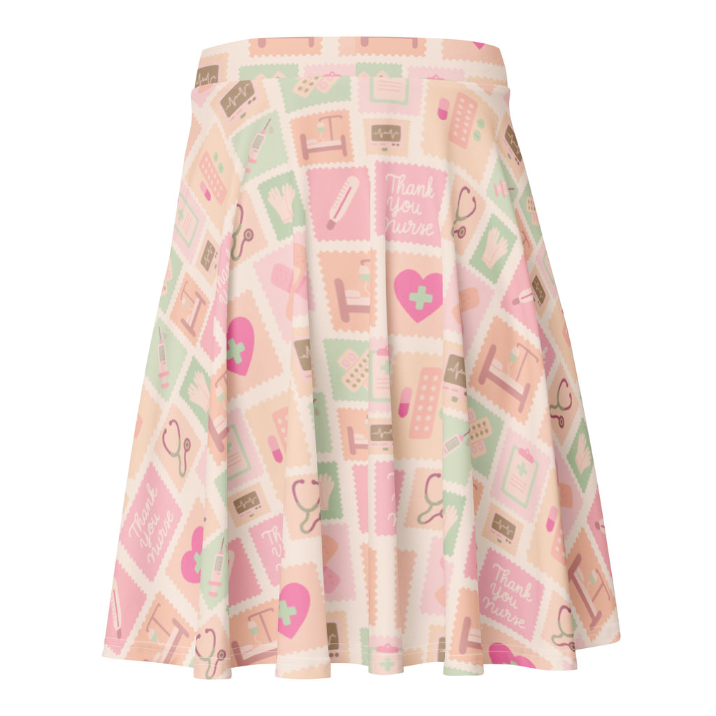 Women’s pink nurse icon skater skirt with pleats soft pastel medical print flowy high waisted upf 50 plus recycled fabric
