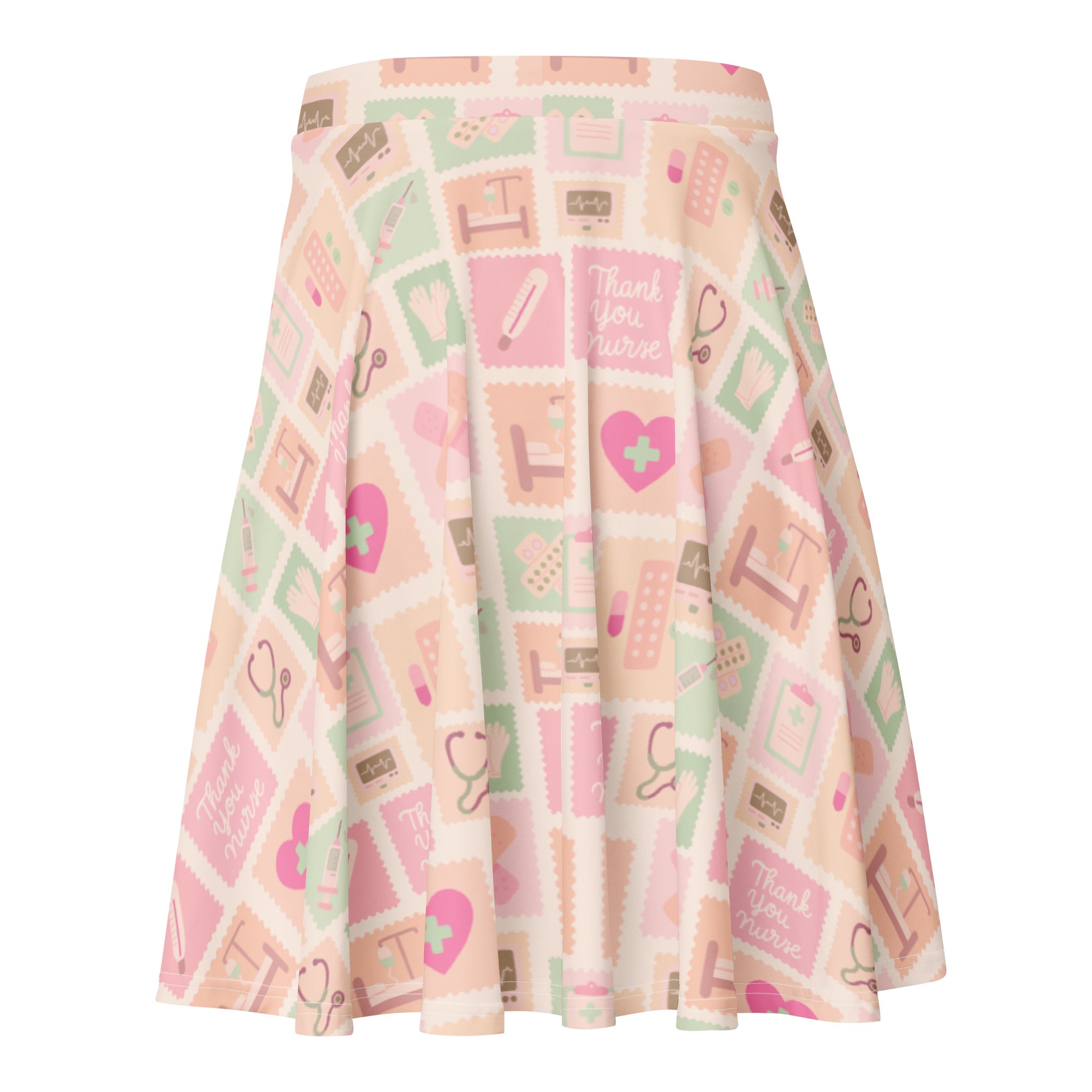 Women’s pink nurse icon skater skirt with pleats soft pastel medical print flowy high waisted upf 50 plus recycled fabric