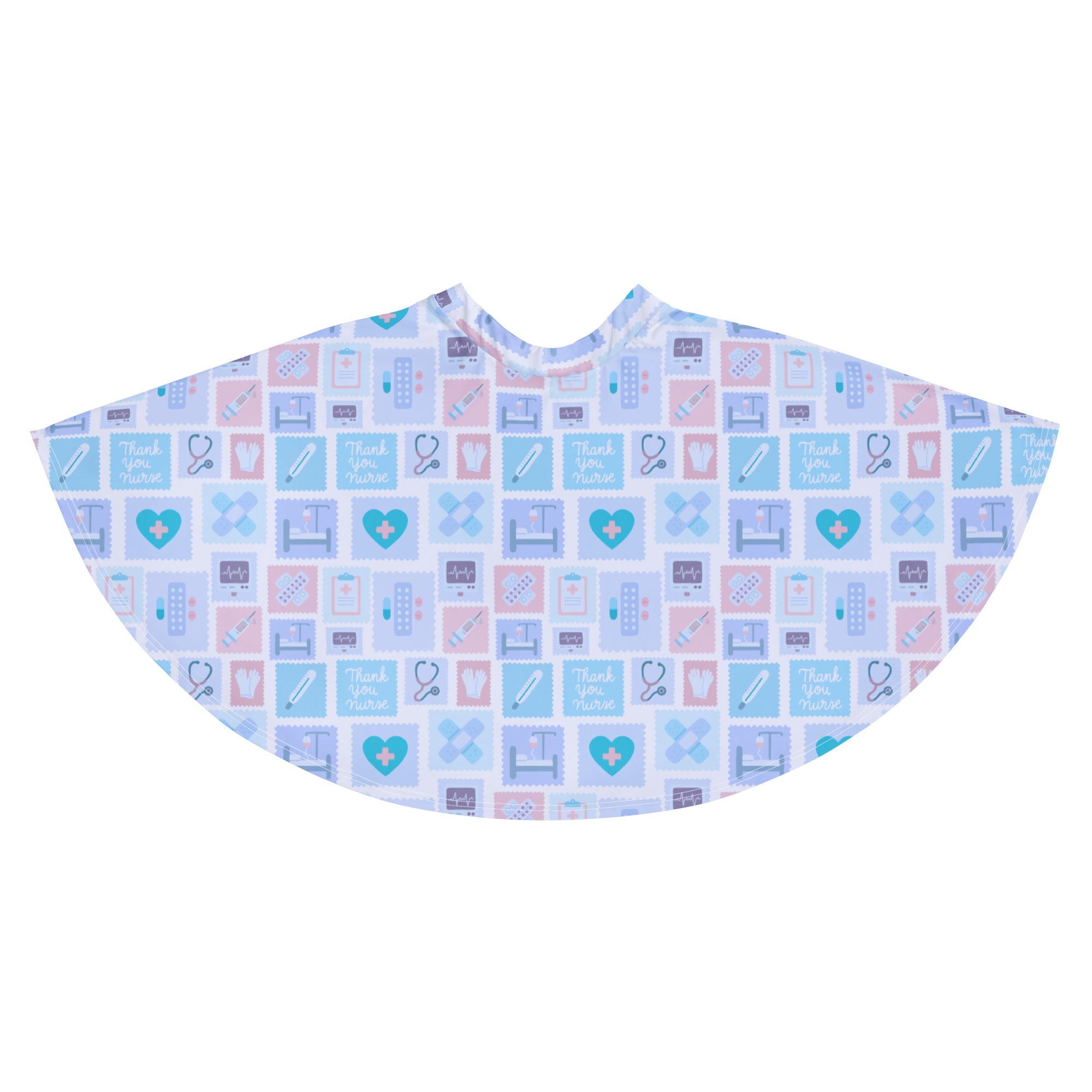 Women’s blue nurse icon skater skirt with light blue and pink medical print made from recycled fabric with upf 50+ protection