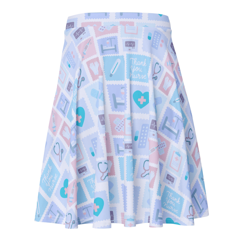 Women’s blue nurse icon skater skirt with pleats playful medical pattern upf 50 plus recycled fabric