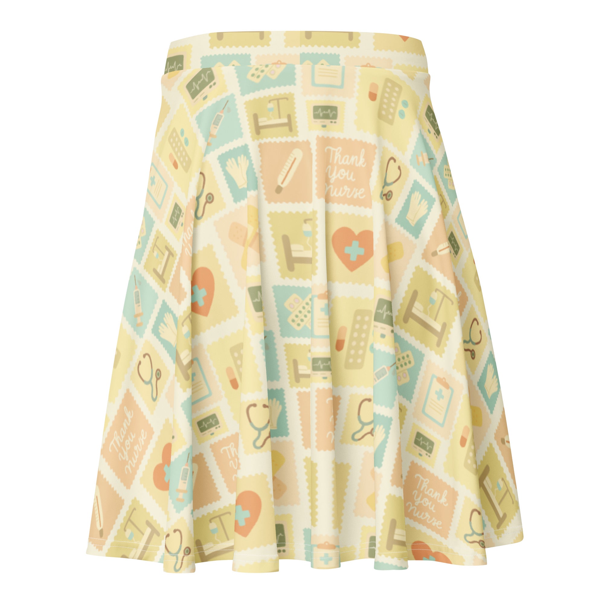 Women’s yellow nurse icon skater skirt in soft cream with pastel medical patterns and thank you nurse peach patches