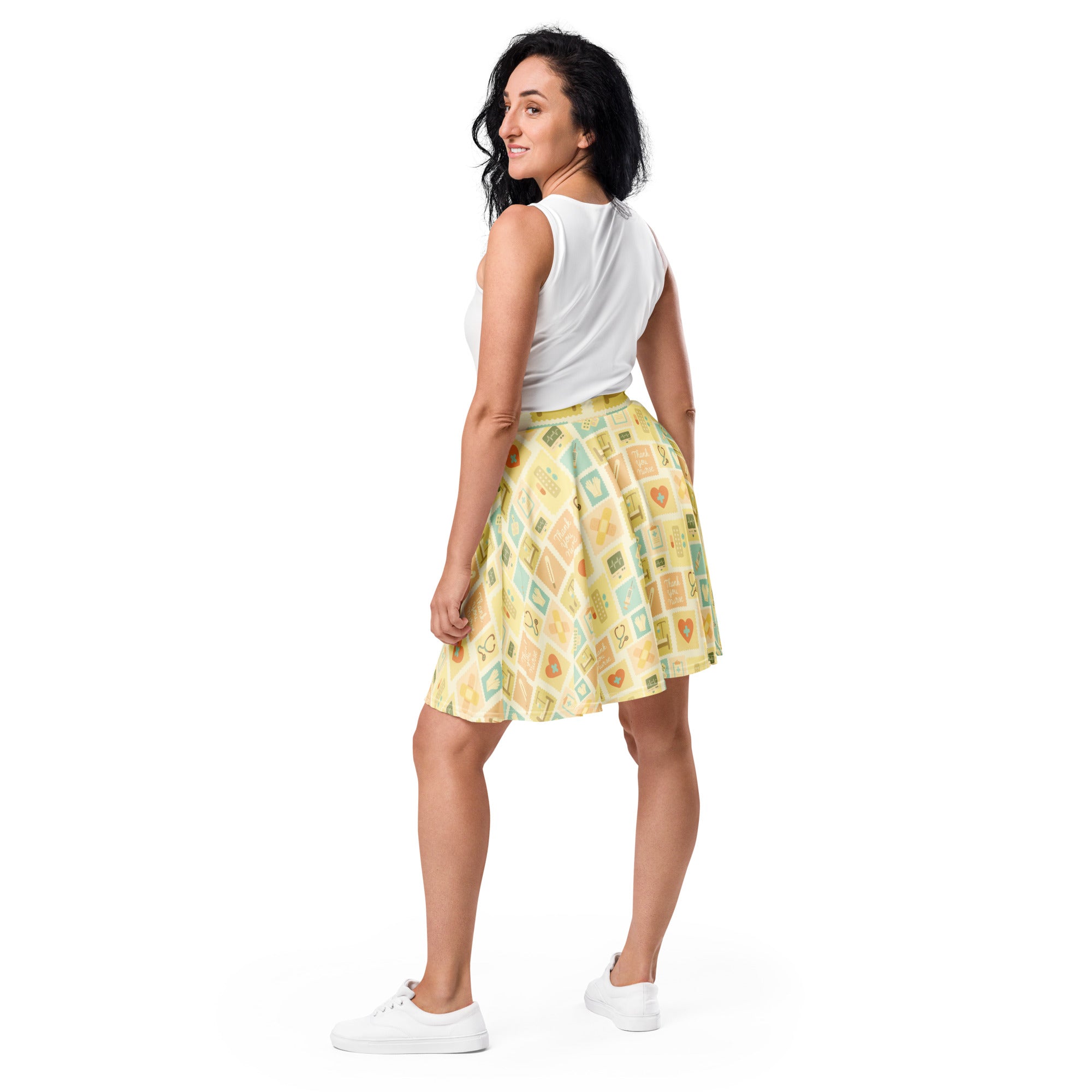 Women’s yellow nurse icon skater skirt with pleats pastel squares and hearts flowy high waisted upf 50 recycled fabric