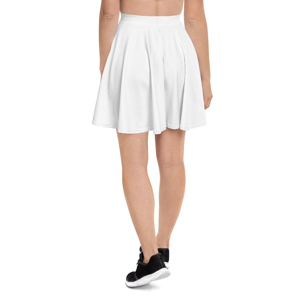 White pleated skater skirt with high waist flared hem made from recycled fabric with upf 50 plus protection