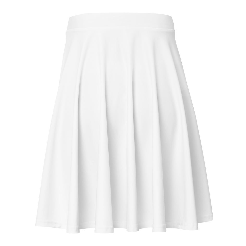 A crisp white pleated women’s skater skirt with a smooth flowing silhouette made from recycled fabric with UPF 50+