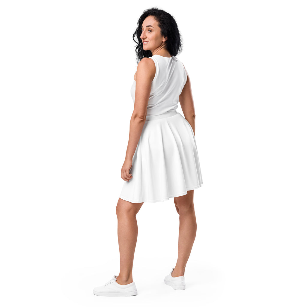 White sleeveless skater skirt with fitted bodice flared hemline made from recycled fabric with upf 50+ protection