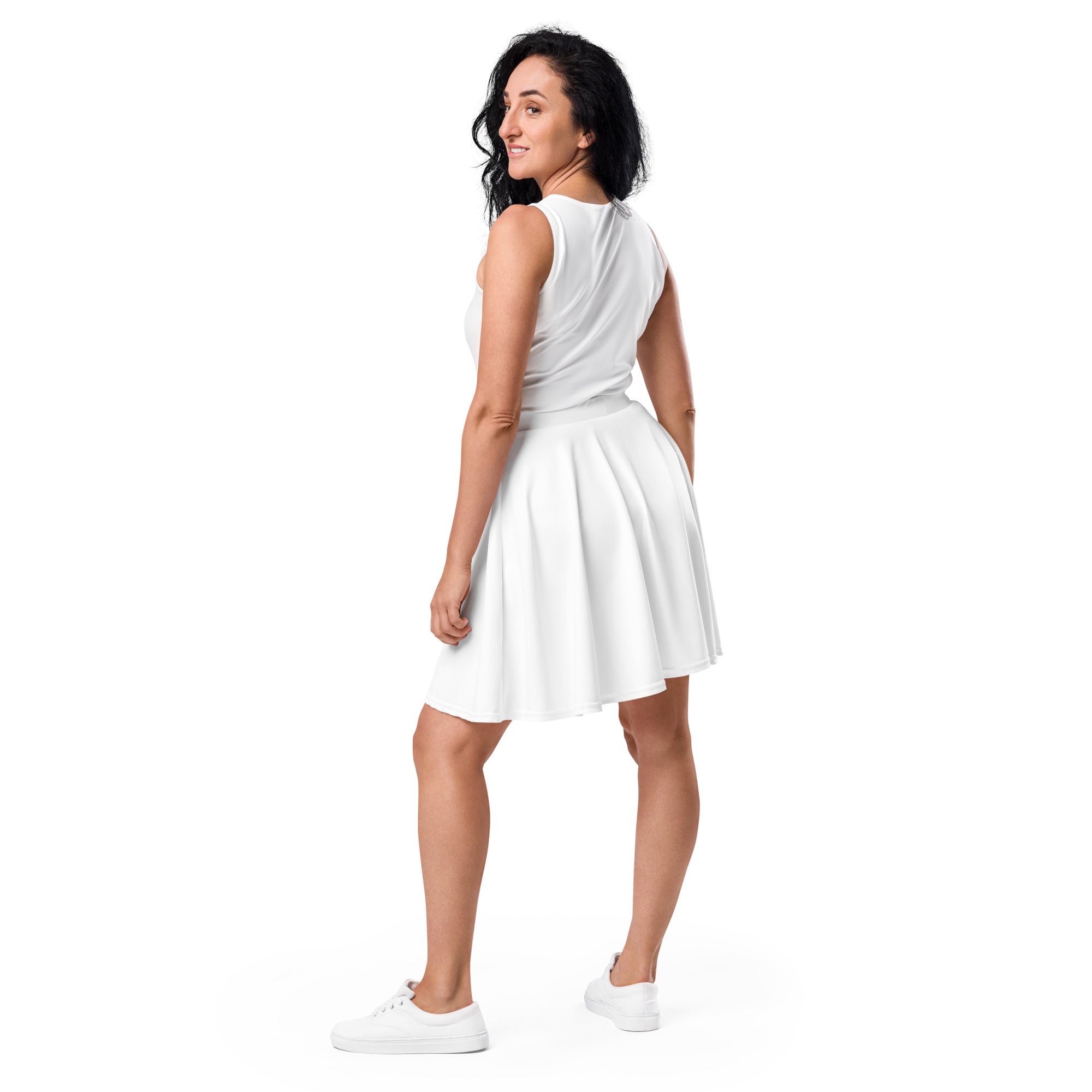 White sleeveless skater skirt with fitted bodice flared hemline made from recycled fabric with upf 50+ protection