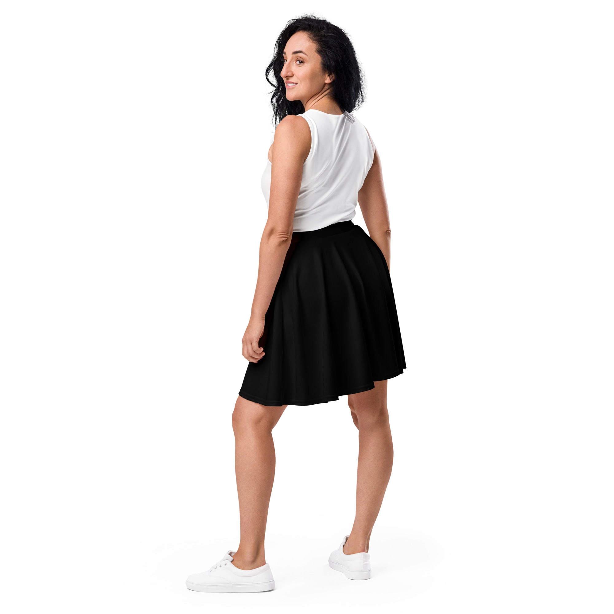 Women’s black skater skirt with pleats flowy high waisted made from recycled fabric with upf 50 plus protection