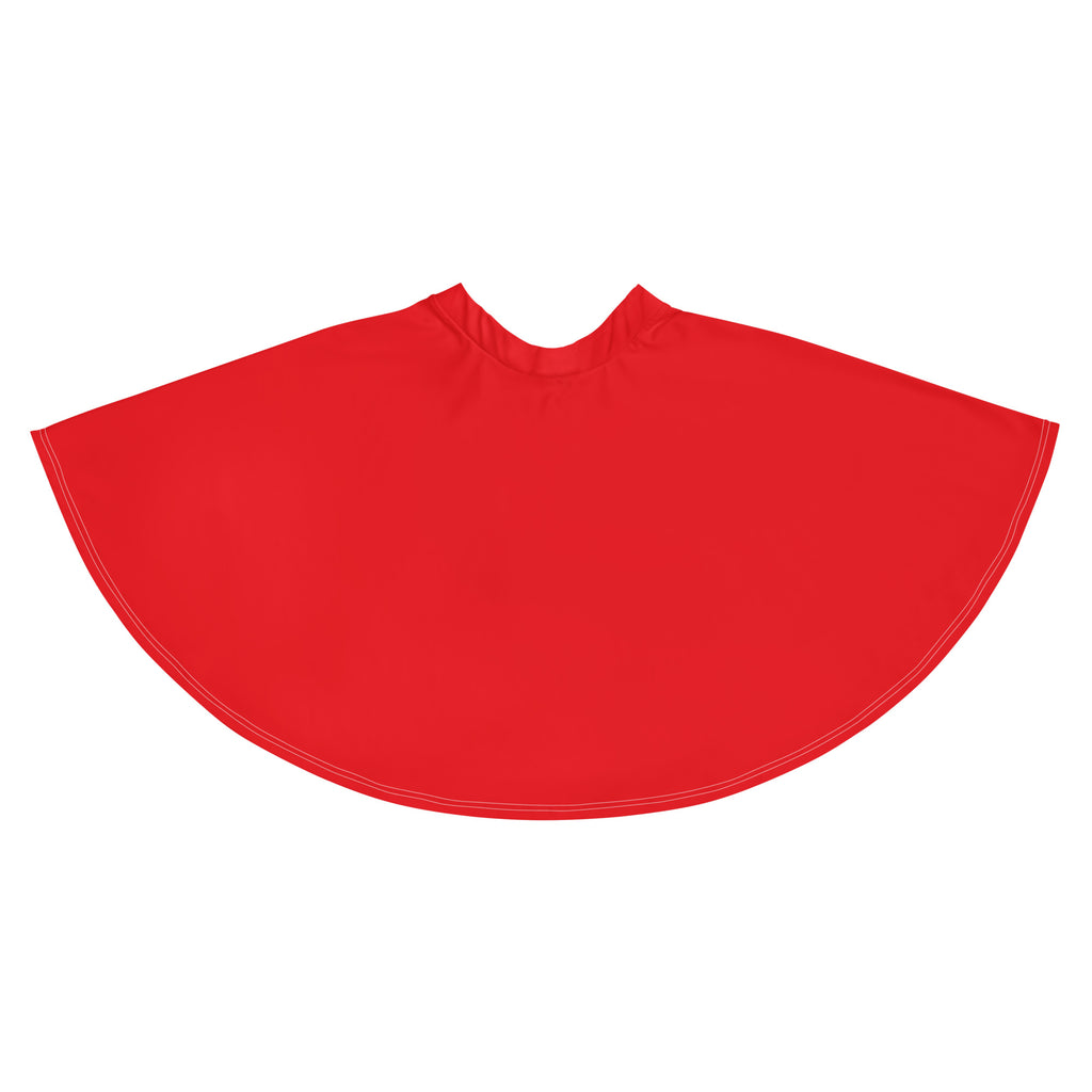 A vibrant red sleeveless cape with rounded neckline and stitched hem paired with a women’s red skater skirt