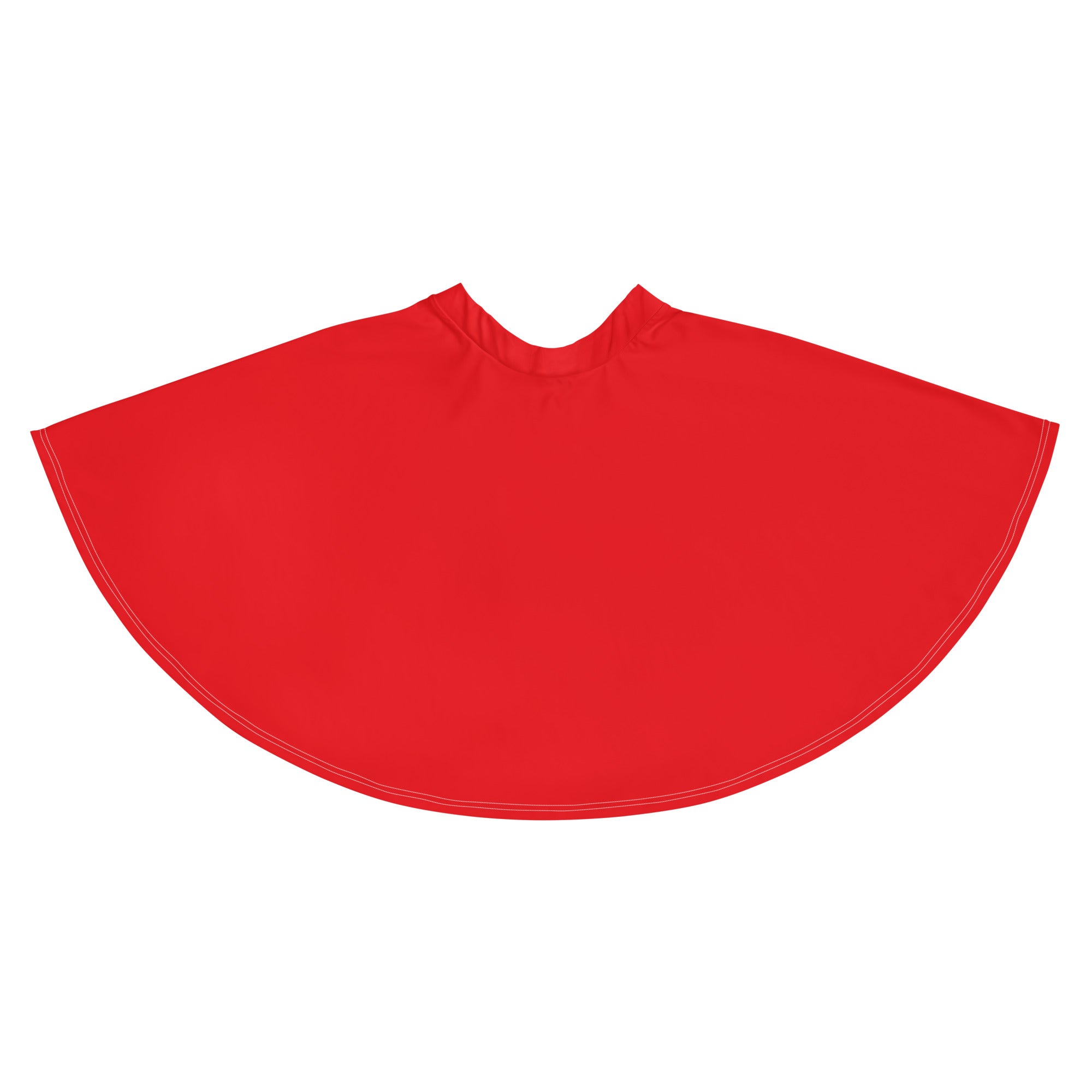 A vibrant red sleeveless cape with rounded neckline and stitched hem paired with a women’s red skater skirt