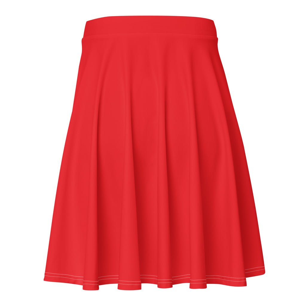 Women’s red skater skirt with pleated a-line design, flowy recycled fabric, subtle white stitching, and UPF 50+ protection