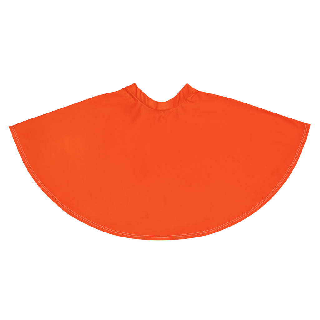 Bright orange sleeveless cape with rounded neckline and stitched hem from women’s skater skirt collection with recycled fabric