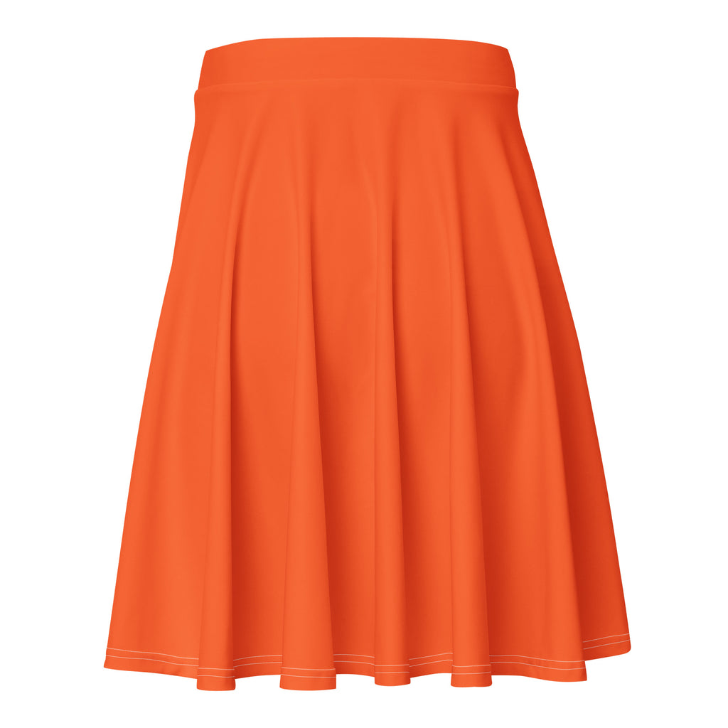 A vibrant orange womens skater skirt with pleats, smooth stretchy recycled fabric, white hem stitching, and UPF 50 protection