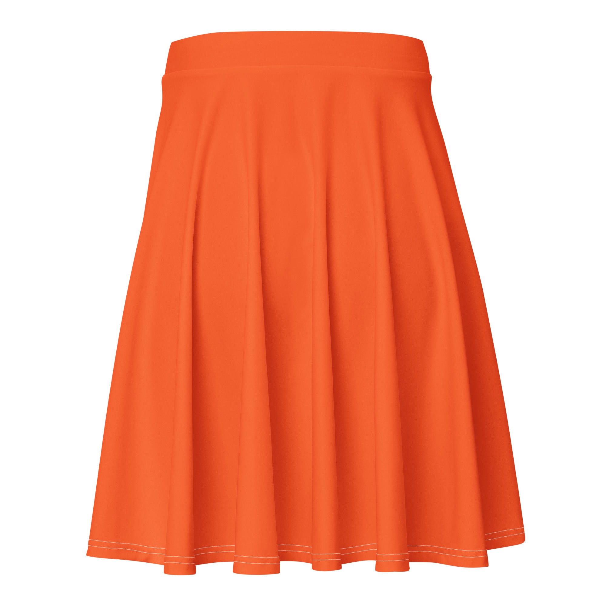 A vibrant orange womens skater skirt with pleats, smooth stretchy recycled fabric, white hem stitching, and UPF 50 protection