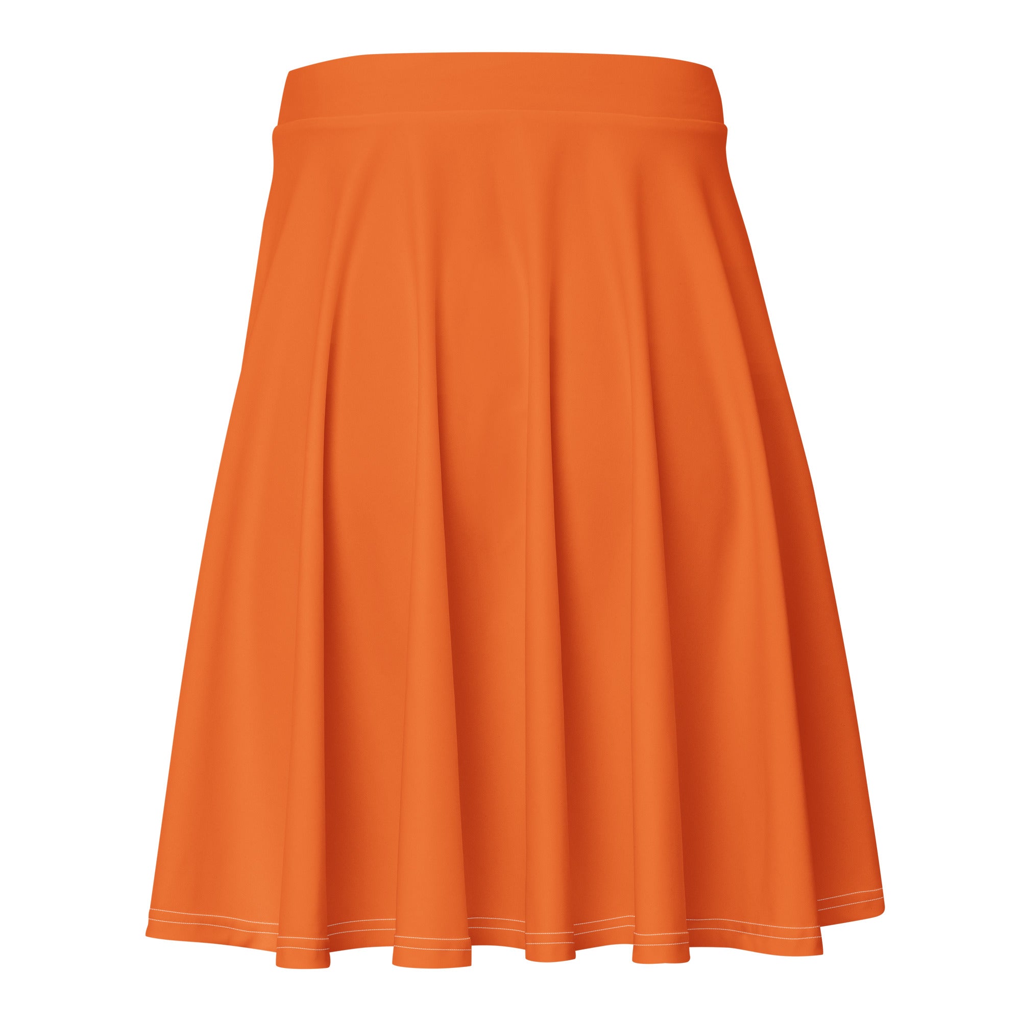 A vibrant orange women’s skater skirt with pleats, smooth stretchy recycled fabric, white stitching, and UPF 50+ protection