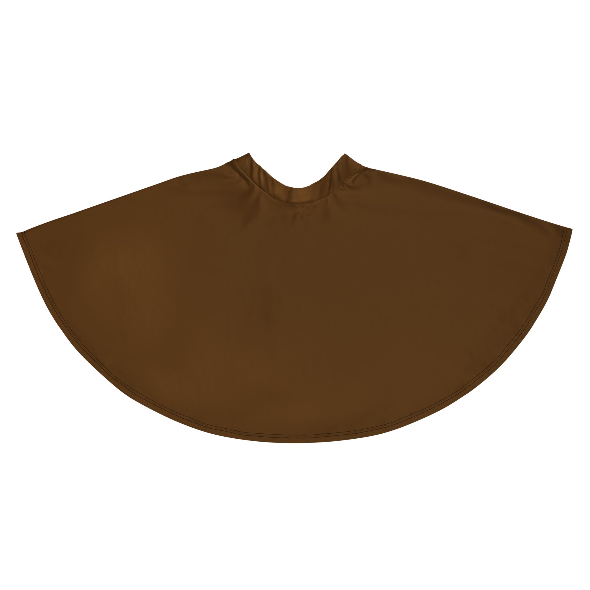 Brown smooth textured barber cape with rounded neckline and stitched edges for professional use