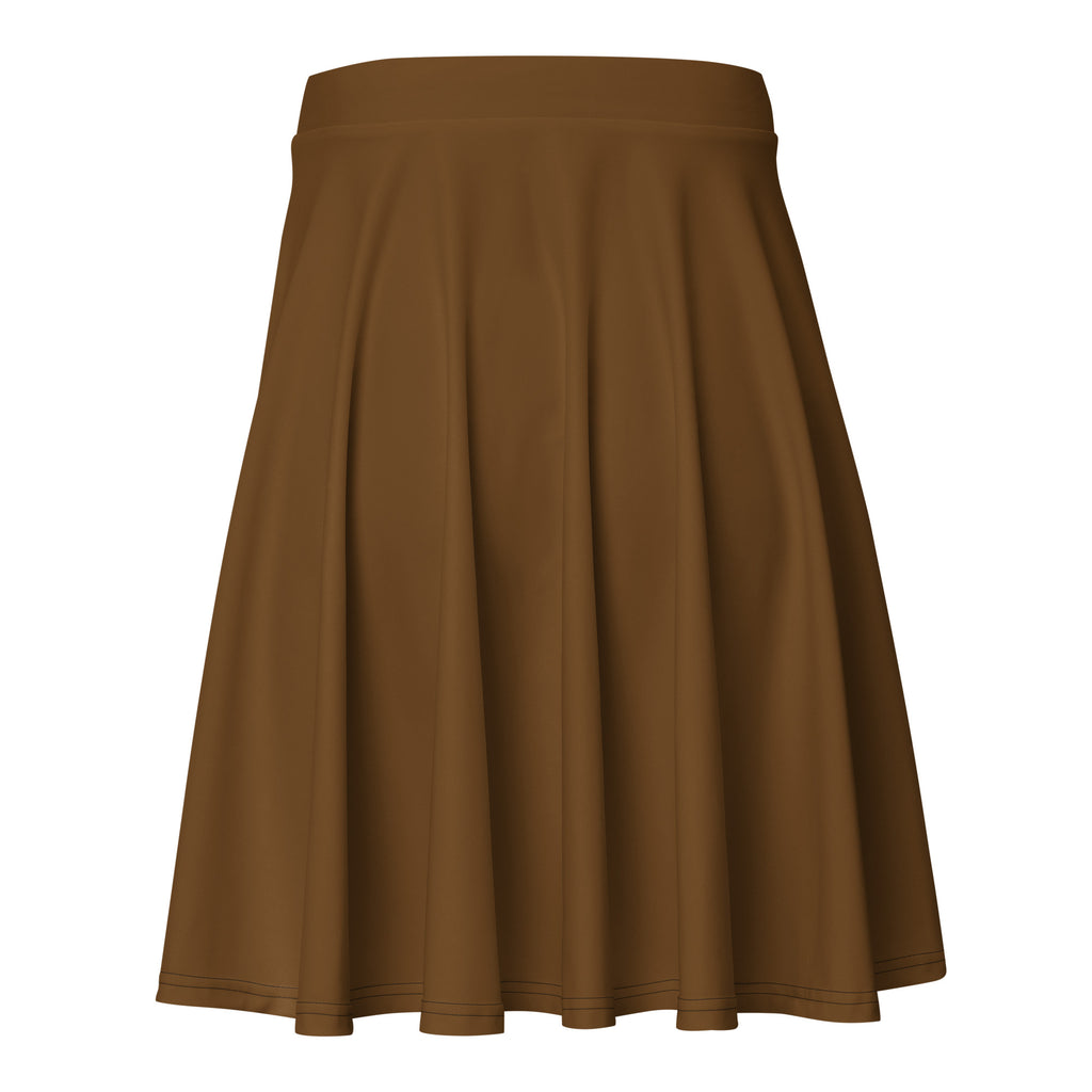 A brown pleated skater skirt with a fitted waistband and flared hem made from recycled fabric with upf 50+ protection