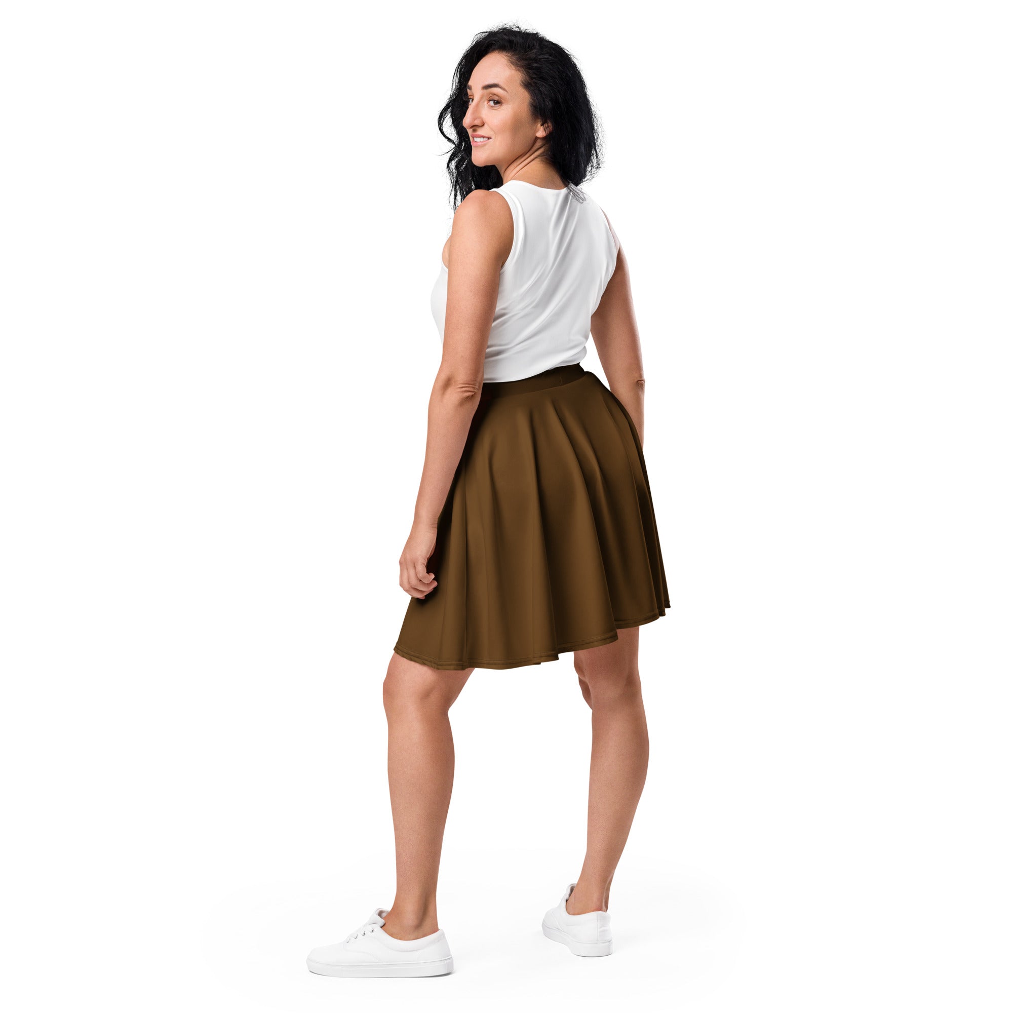 Olive pleated skirt high waisted skater style in recycled fabric with upf 50 plus for women