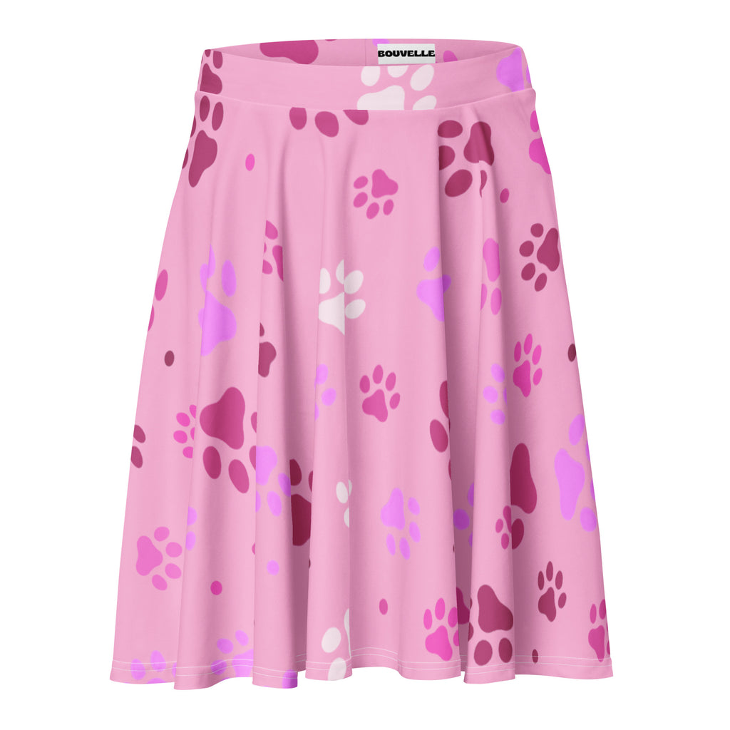 Women’s pink paw print skater skirt featuring purple and white paw patterns with bouvelle label and recycled fabric