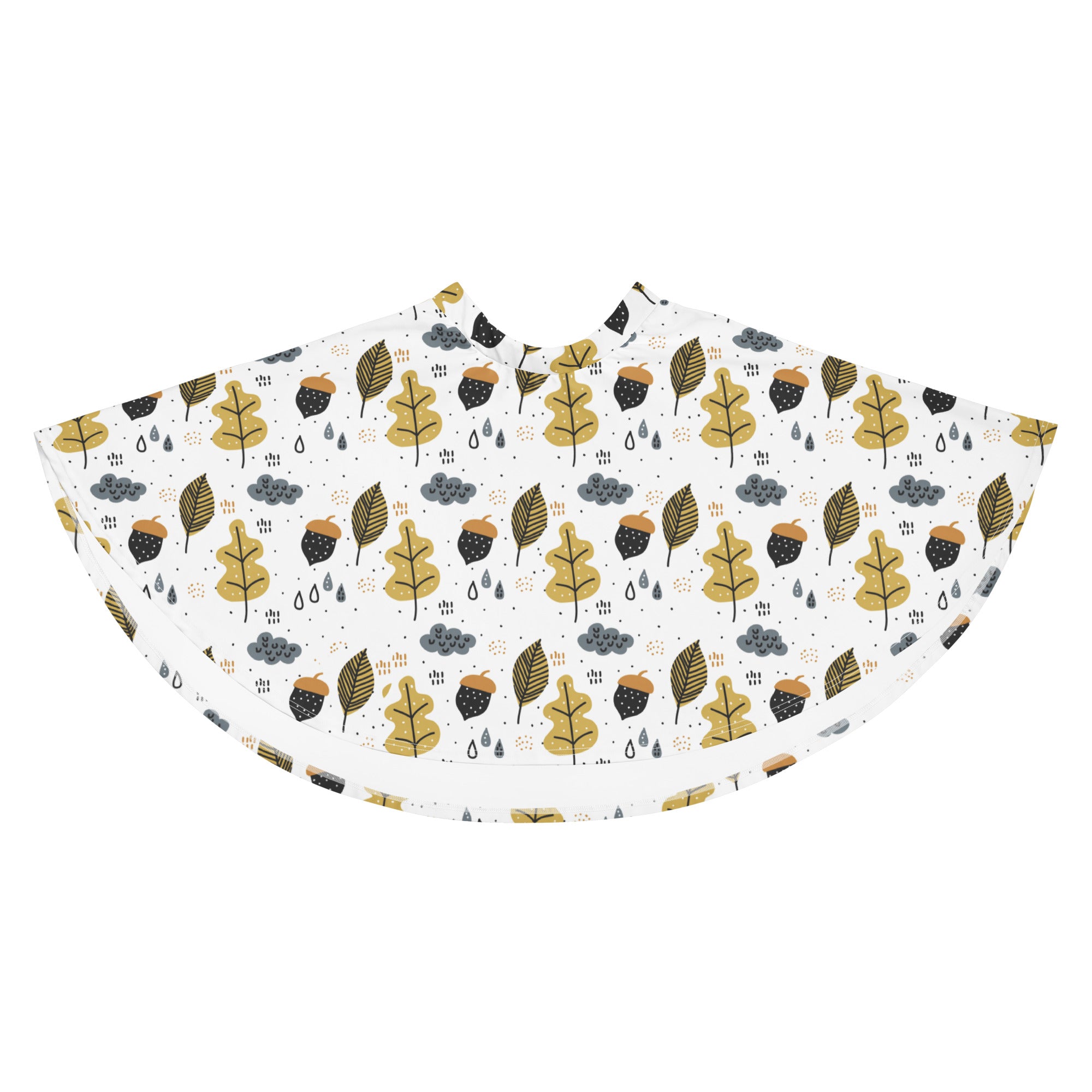 A white rain poncho with a playful gold and black autumn leaves pattern perfect for seasonal outdoor use