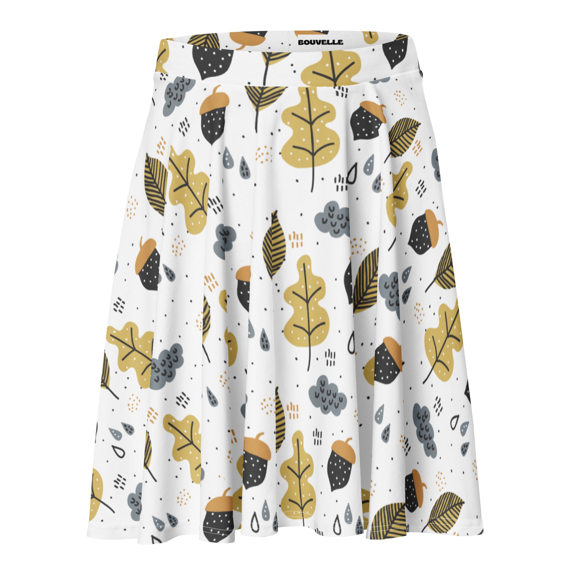 Women’s white a-line skater skirt with autumn-themed yellow black gray leaves acorns raindrops flowy high waisted upf 50 recycle fabric