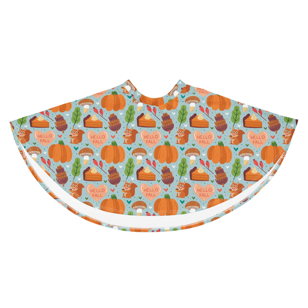Women’s hello fall skater skirt in light blue with pumpkins squirrels leaves mushrooms pie slices flowy high waisted upf 50+