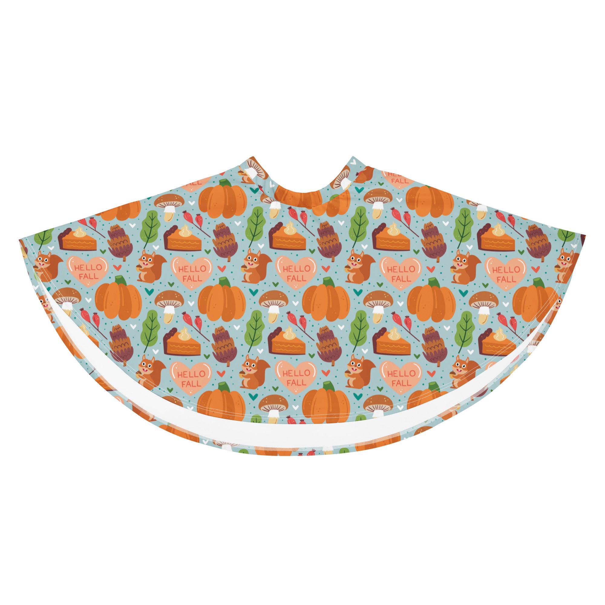 Women’s hello fall skater skirt in light blue with pumpkins squirrels leaves mushrooms pie slices flowy high waisted upf 50+