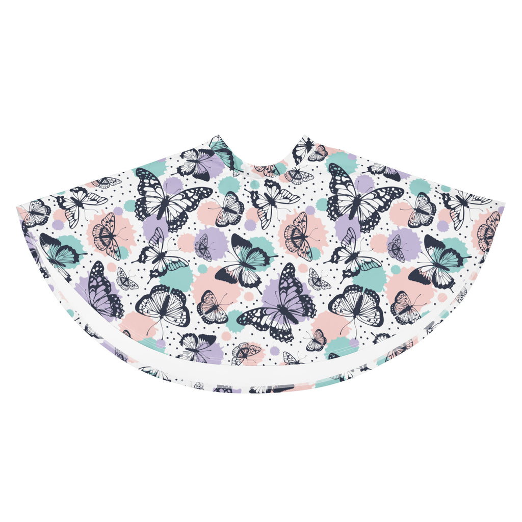 White womens pastel butterfly skater skirt with vibrant black purple teal butterflies soft pastel splashes and upf 50 plus