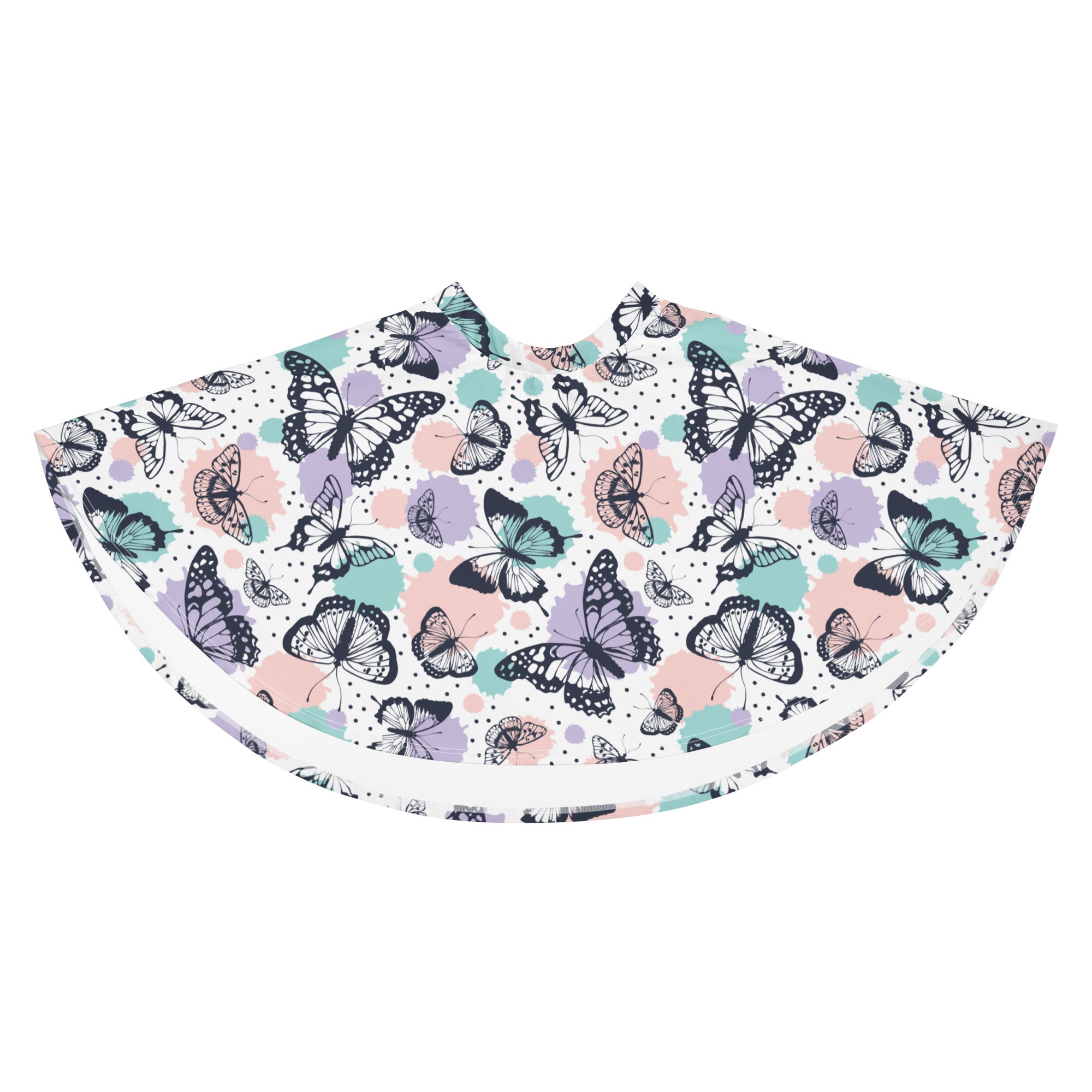 White womens pastel butterfly skater skirt with vibrant black purple teal butterflies soft pastel splashes and upf 50 plus