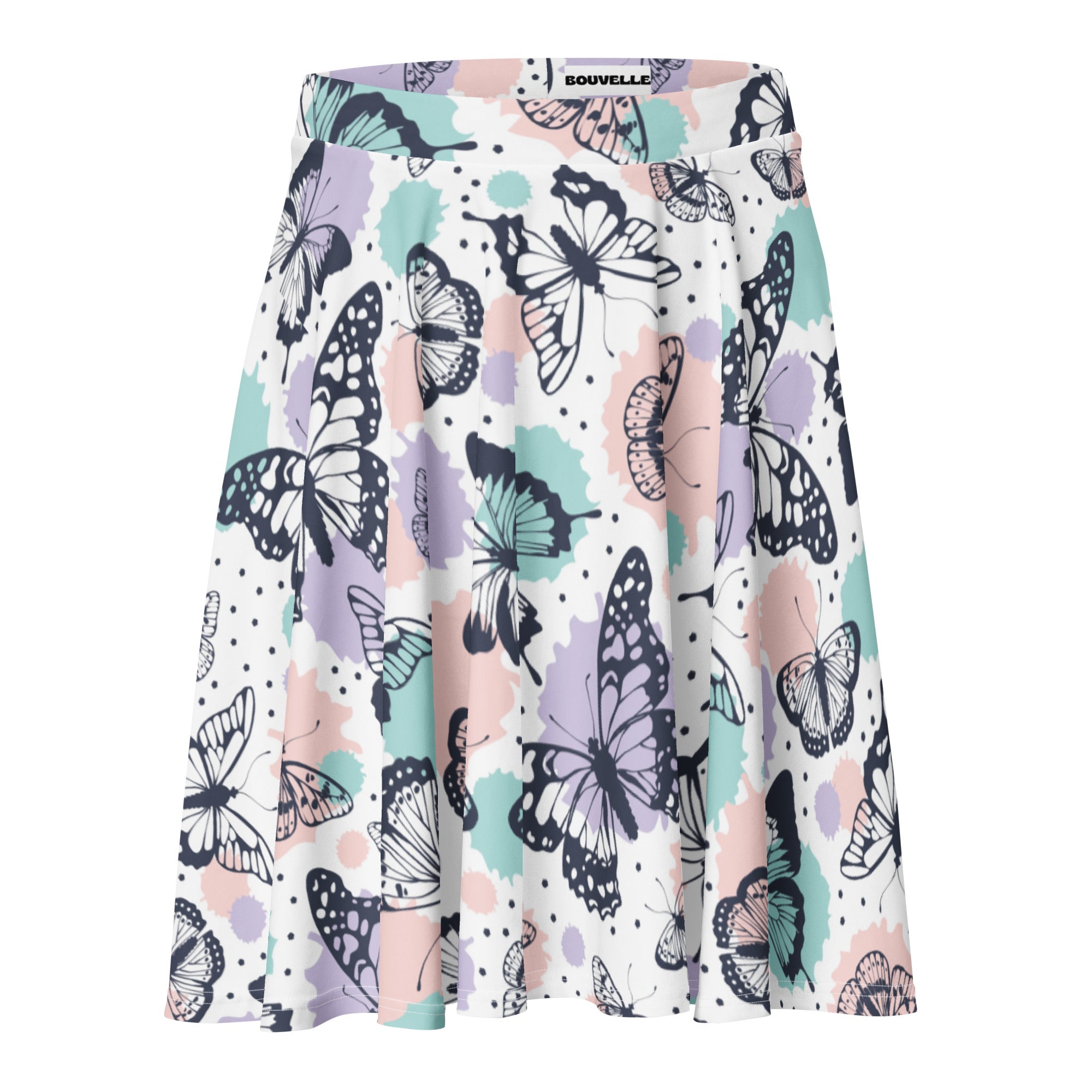 Women’s pastel butterfly skater skirt by bouvelle with vibrant butterfly print pastel splotches flowy high waisted and upf 50+