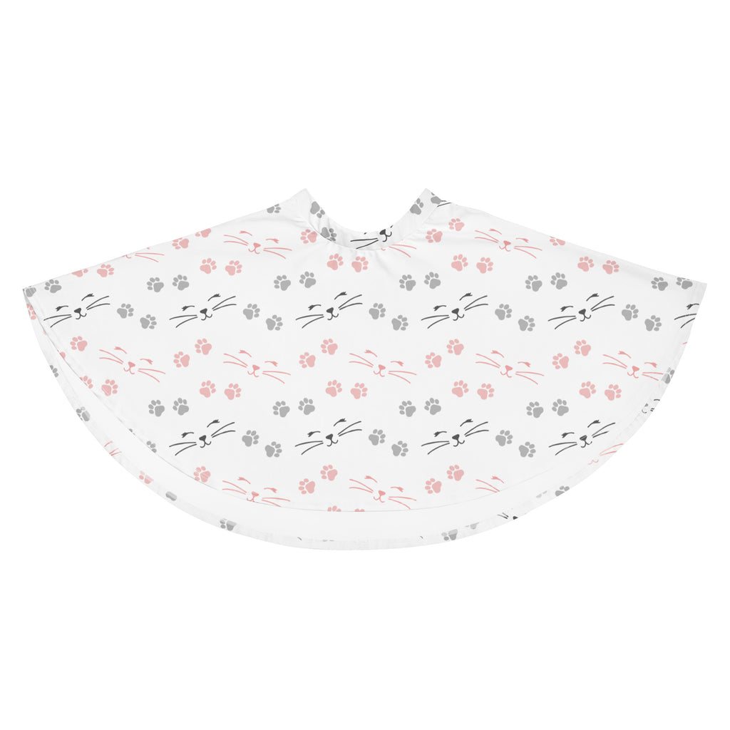 White women’s cat whisker and paw print skater skirt with pink and gray cat faces pattern and recycled fabric