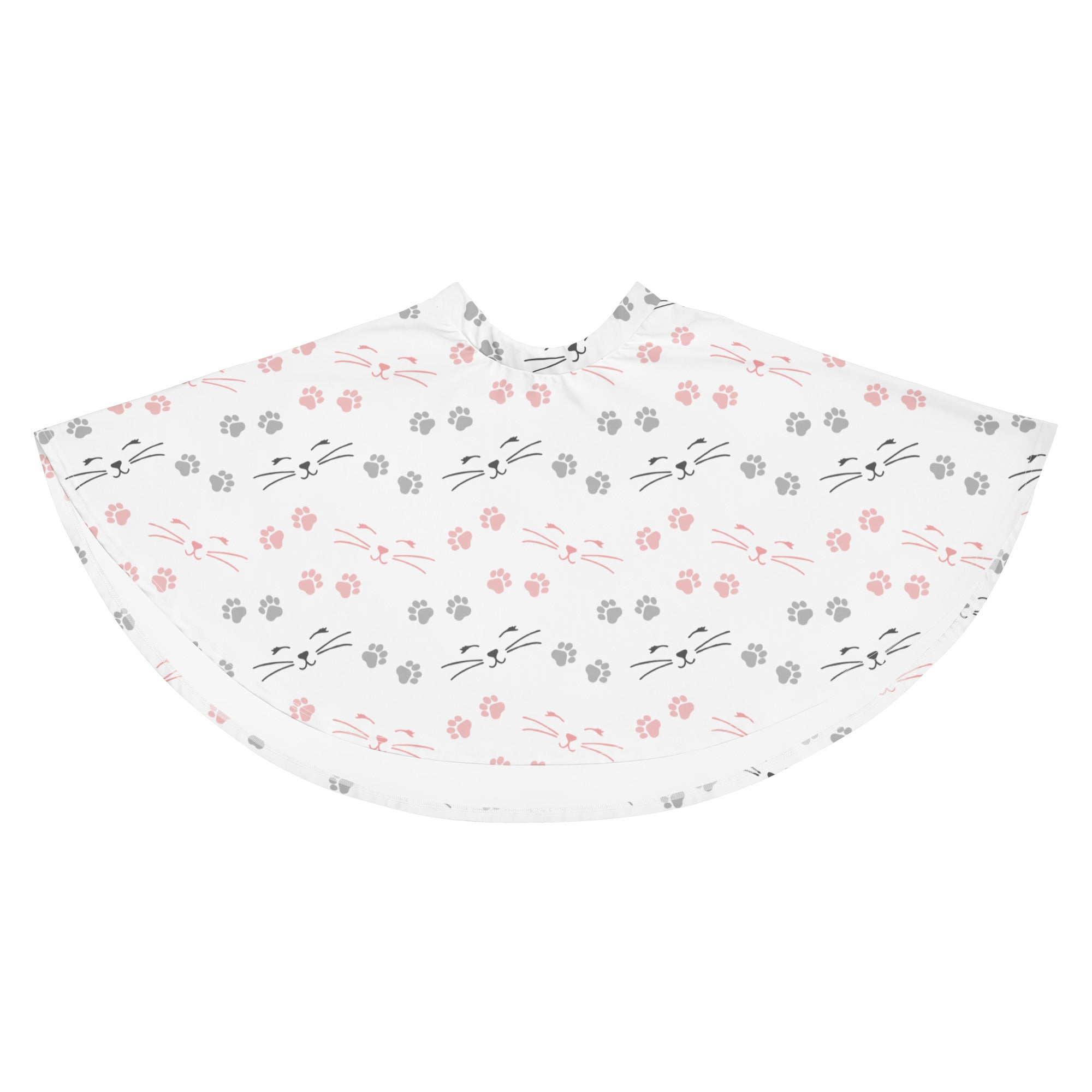 White women’s cat whisker and paw print skater skirt with pink and gray cat faces pattern and recycled fabric
