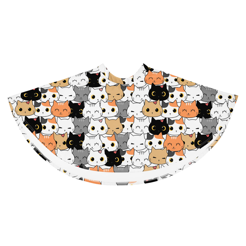 A white women’s cat face skater skirt with playful multicolored cartoon cats made from recycled fabric with upf 50+