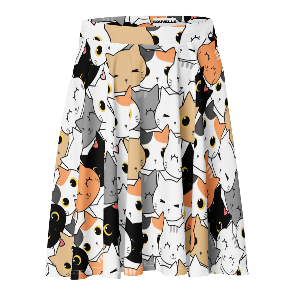 White pleated women’s cat face skater skirt with colorful cartoon cats flowy high waisted upf 50 plus recycled fabric