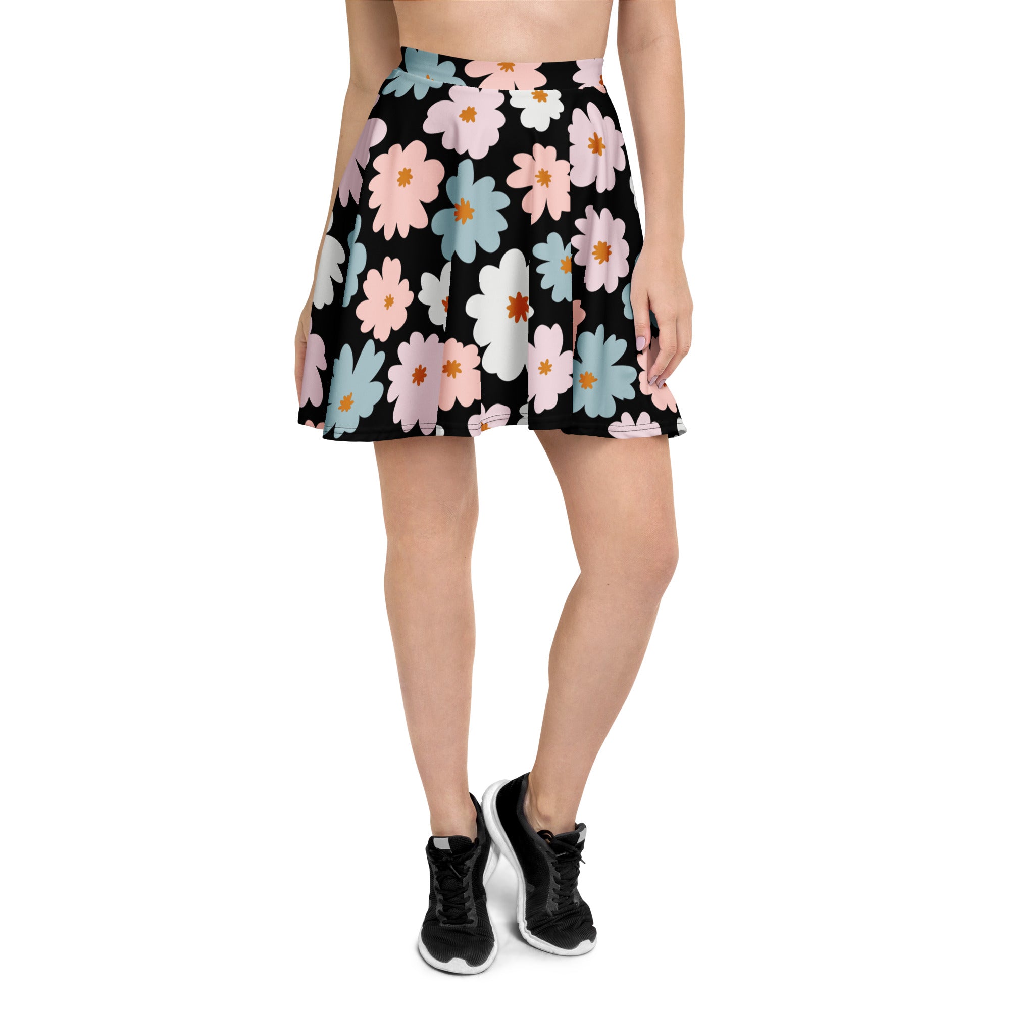 Women’s retro floral skater skirt in black with pastel pink blue and white flowers high waisted flowy recycled fabric upf 50+