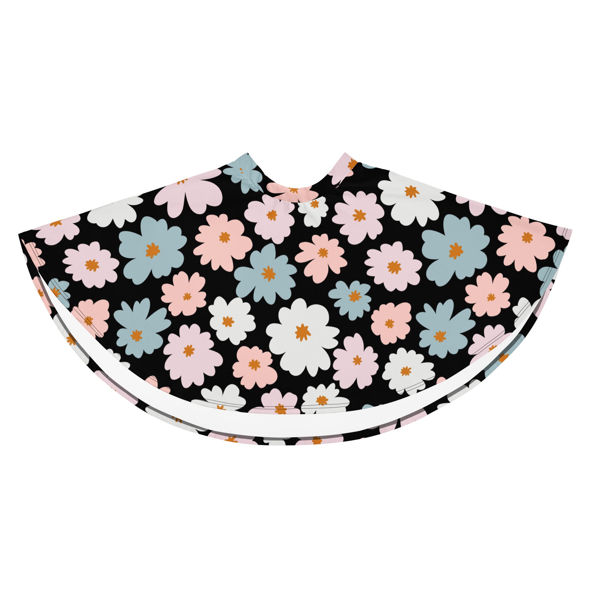 A black women’s retro floral skater skirt with playful pink white and light blue flowers made from recycled fabric