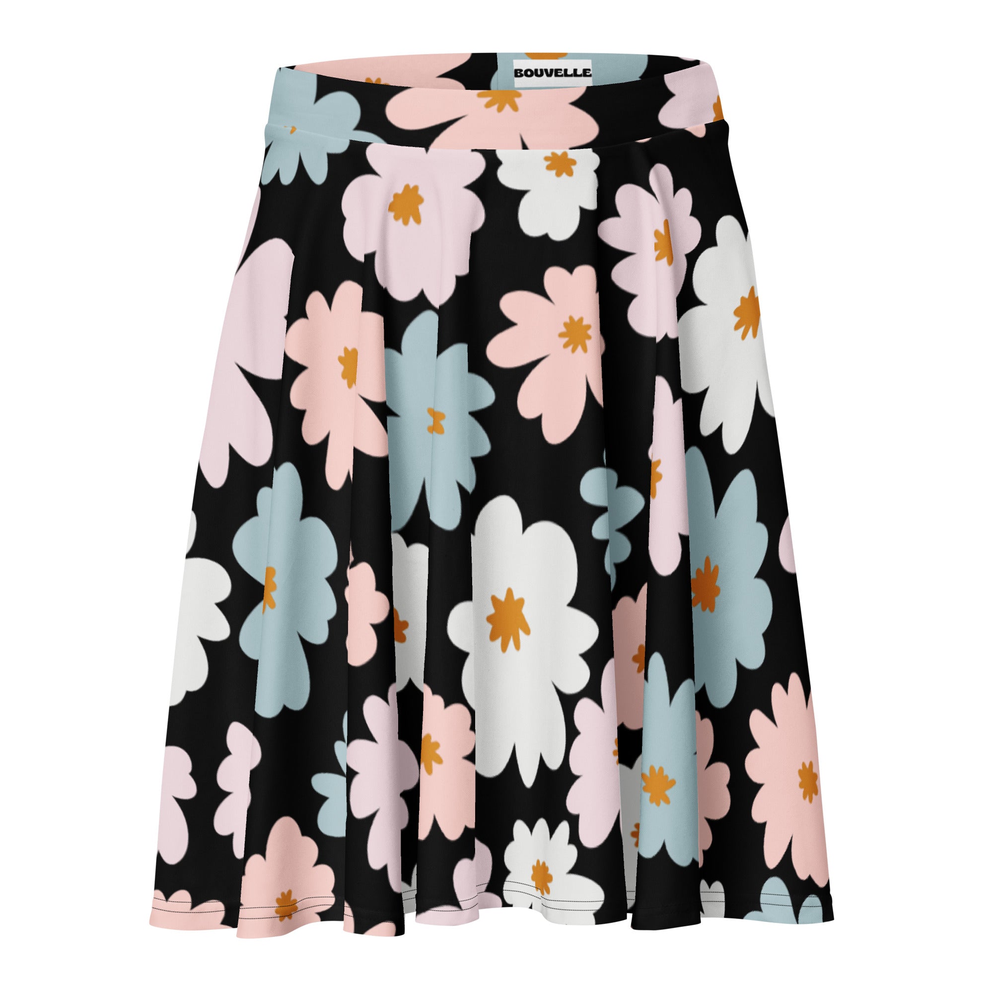 Women’s retro floral skater skirt with black pleated fabric featuring vibrant pink white and blue blossoms with golden centers