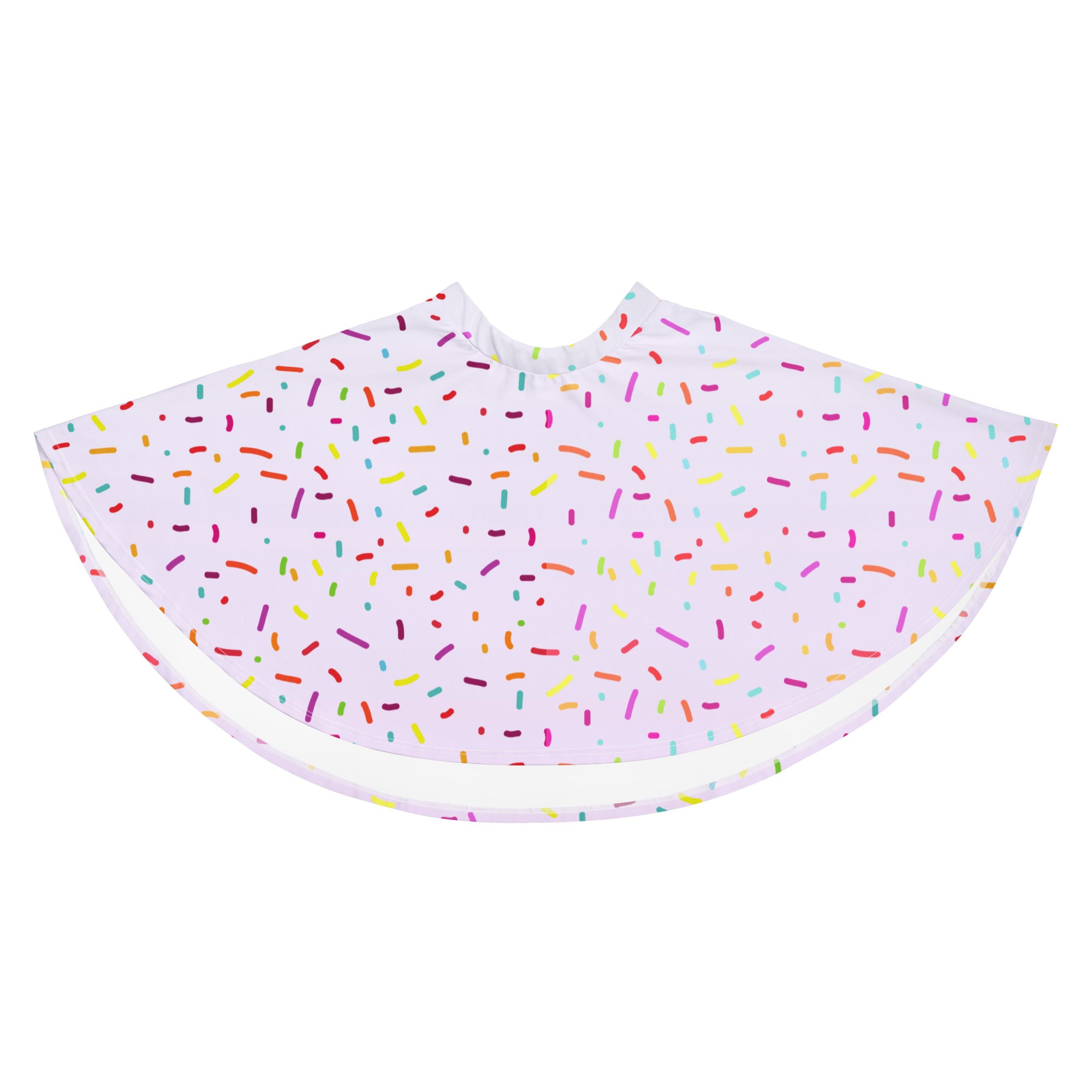 A white barber cape with a playful multicolored sprinkle pattern in rainbow hues made from recycled fabric