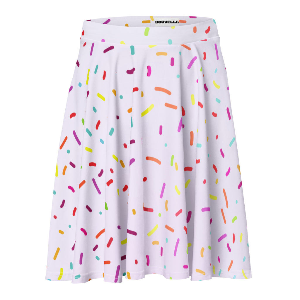 Women’s colorful sprinkles skater skirt white pleated with multicolored sprinkles high waisted flowy recycled fabric upf 50+
