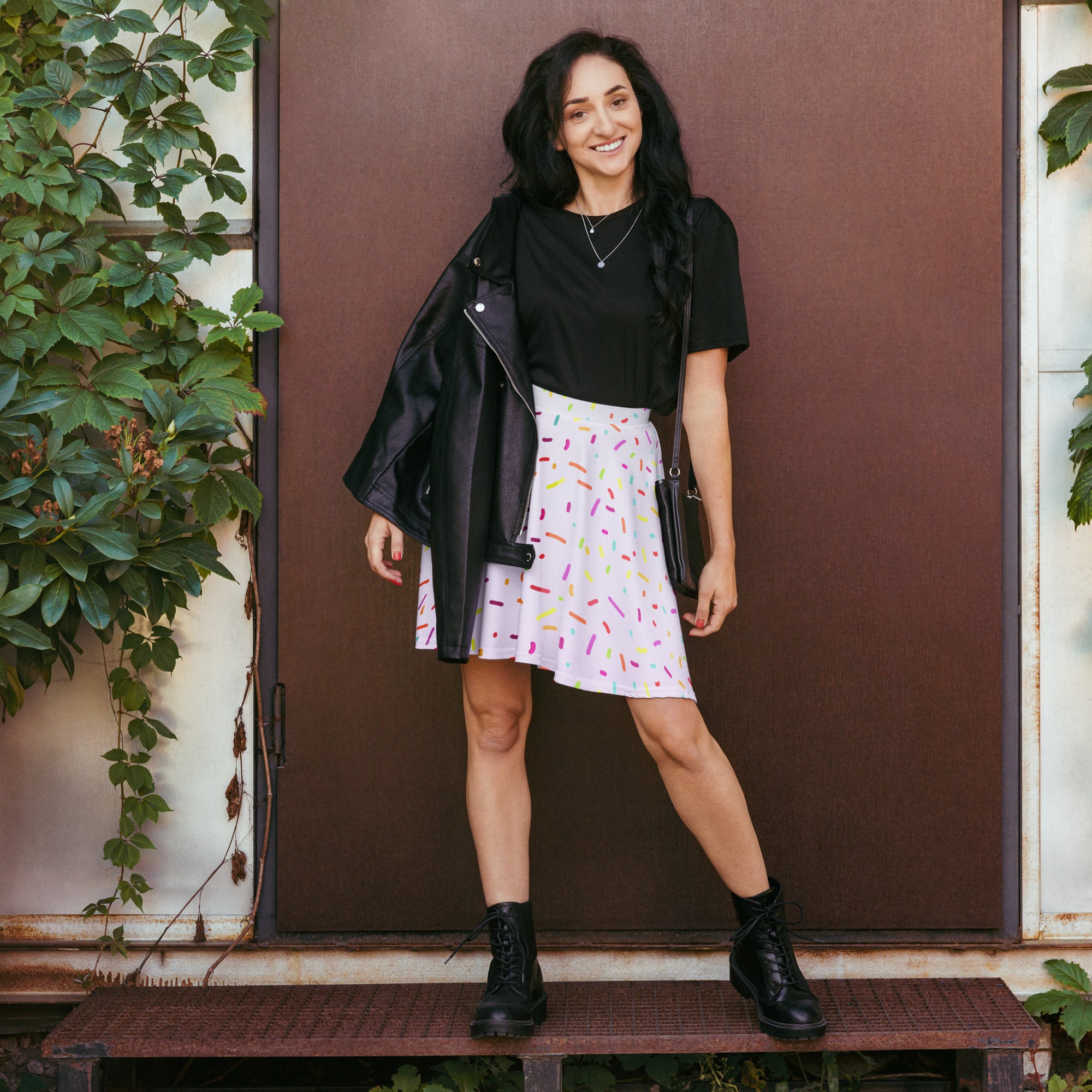 Women’s colorful sprinkles skater skirt white with flared silhouette high waisted flowy made from recycled fabric with upf 50+