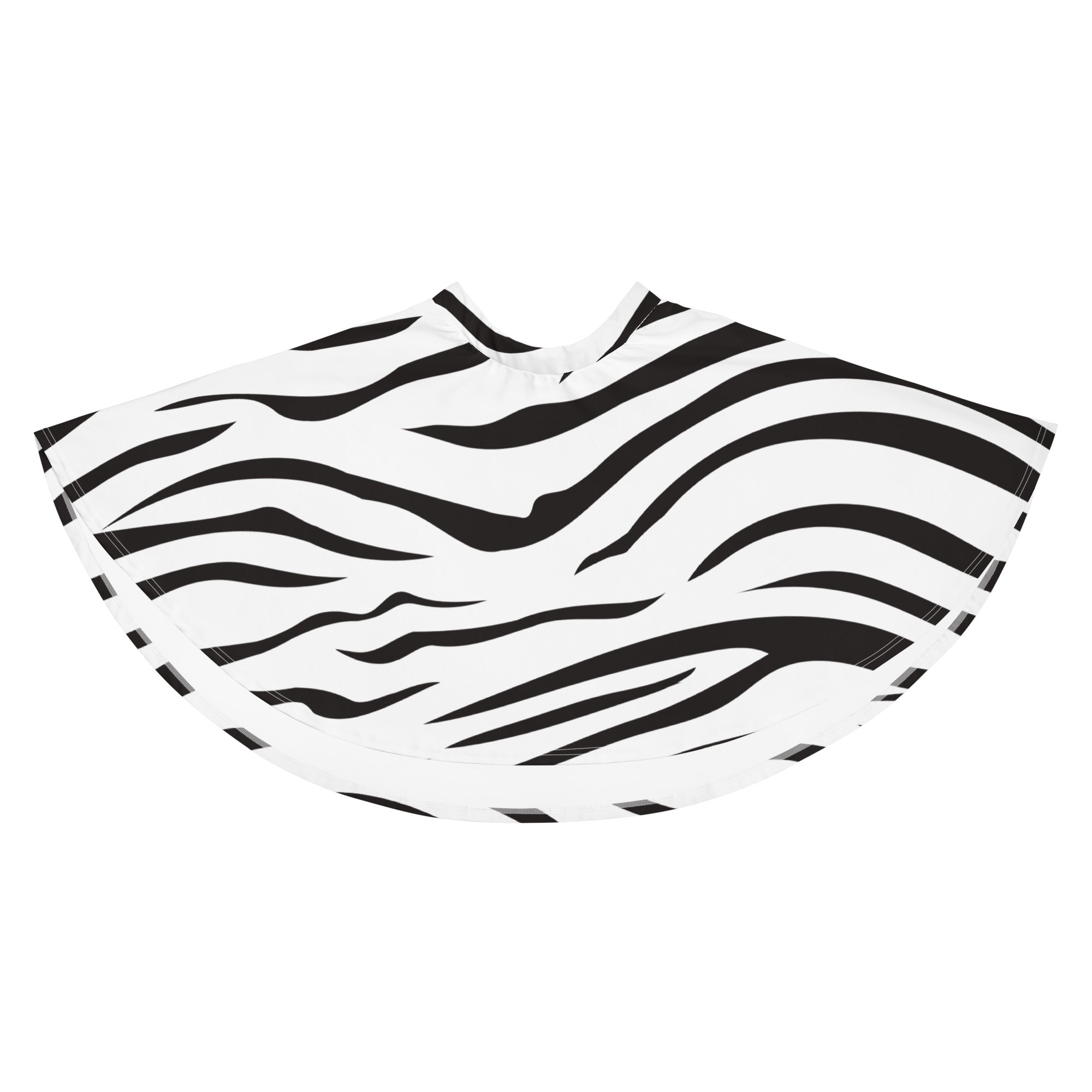 A black and white zebra-striped plastic hair cape featuring a flowy high waisted design with upf 50 and recycled fabric
