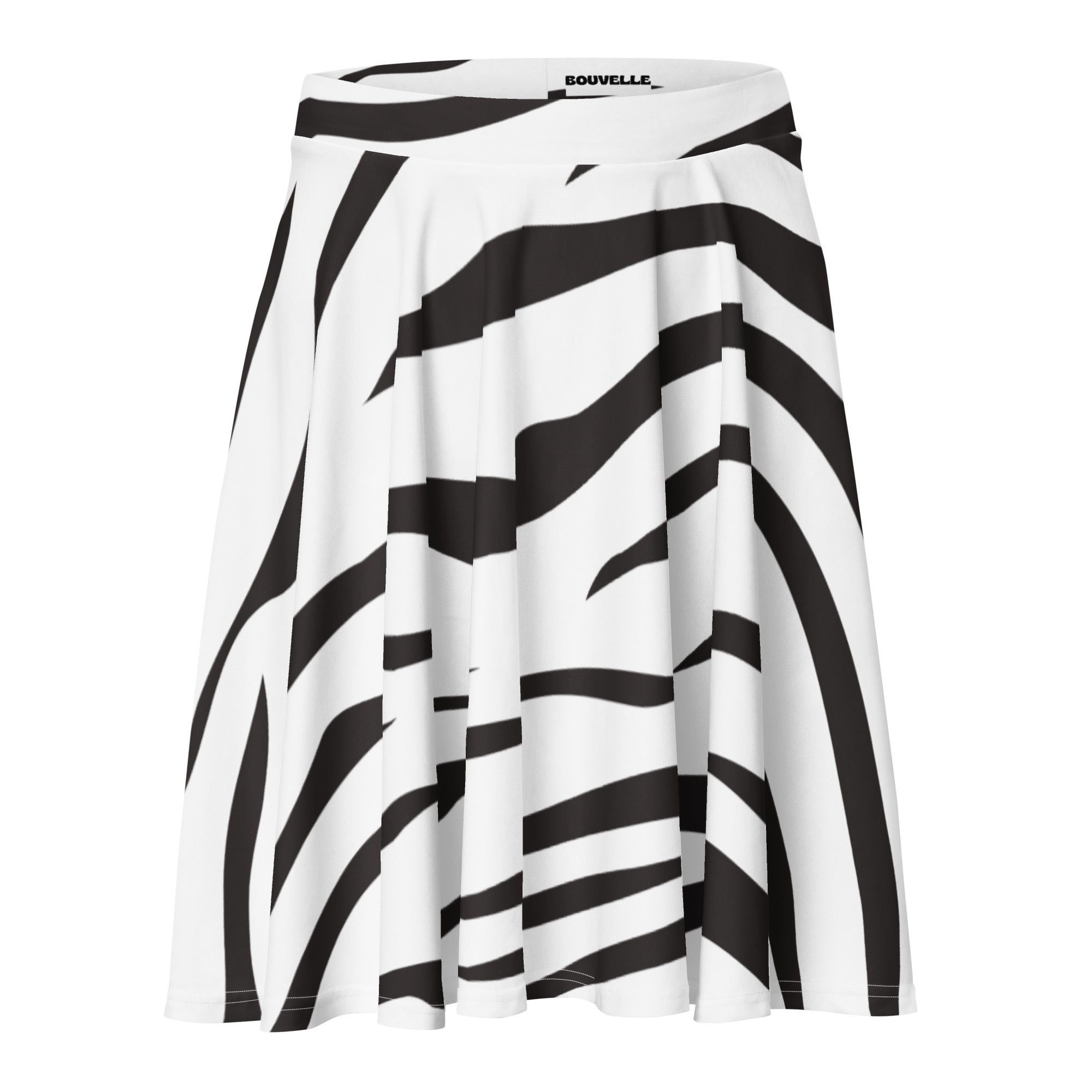 White and black zebra print skater skirt by bouvelle flowy high waisted with upf 50 and recycled fabric