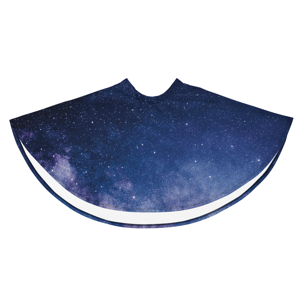 Navy blue fabric cape with detailed galaxy print stars nebulae and white trim shown from the back side